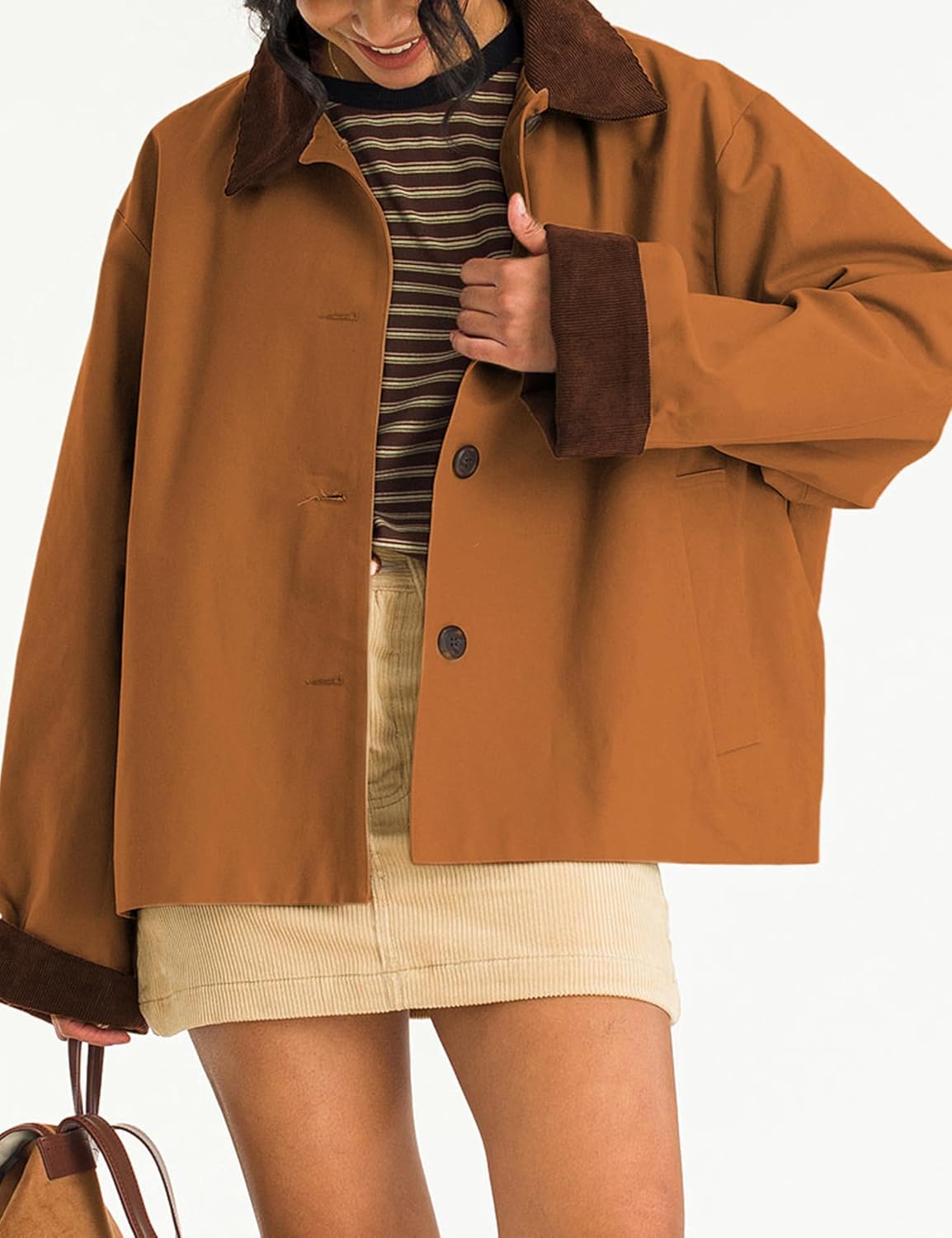 Lviefent Womens Contrast Collar Jacket Casual Button Down Long Sleeves Crop Trench Coat Outerwear with Pockets - Image 2