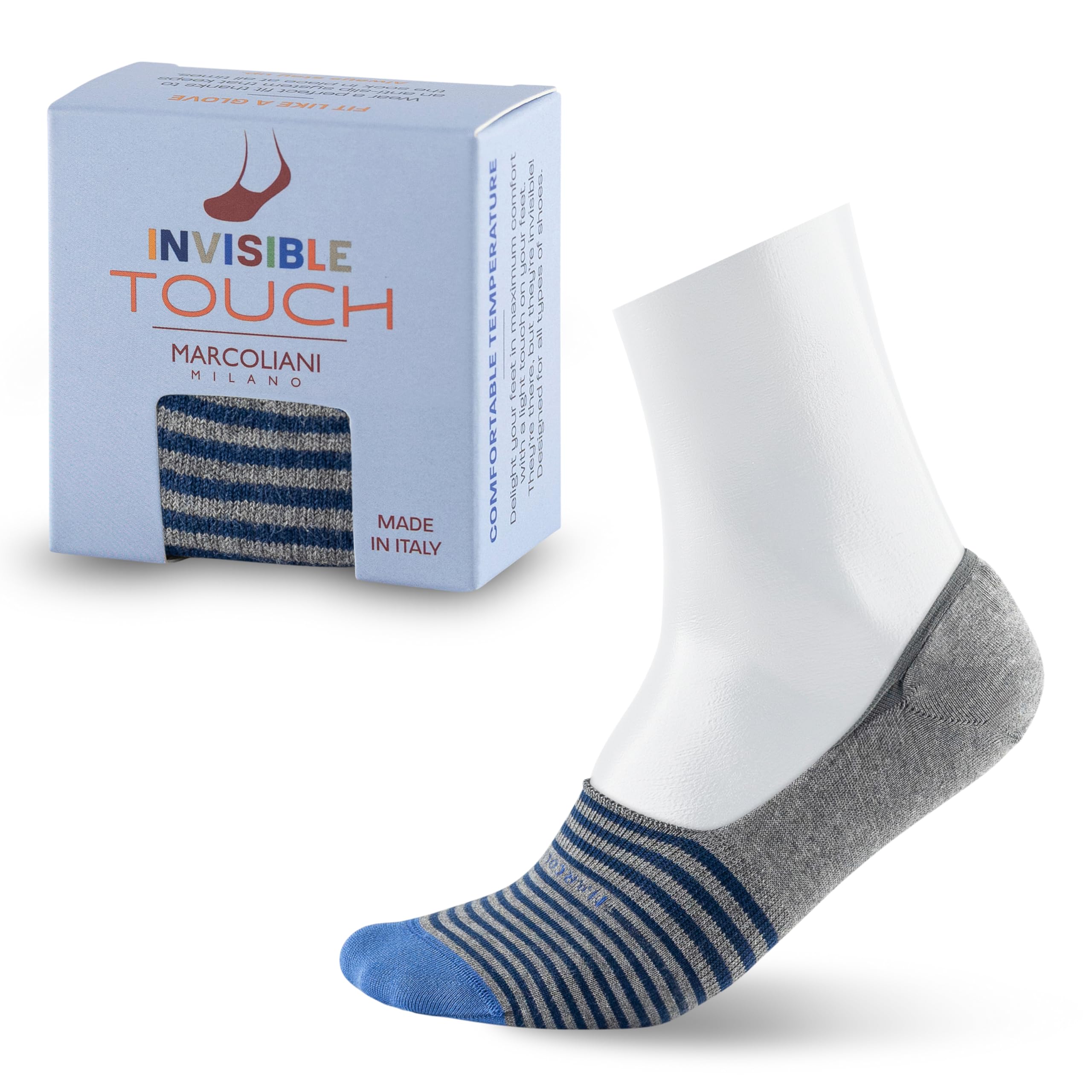 Marcoliani Men's Stripe Invisible Touch Liner Sock, Flannel Grey