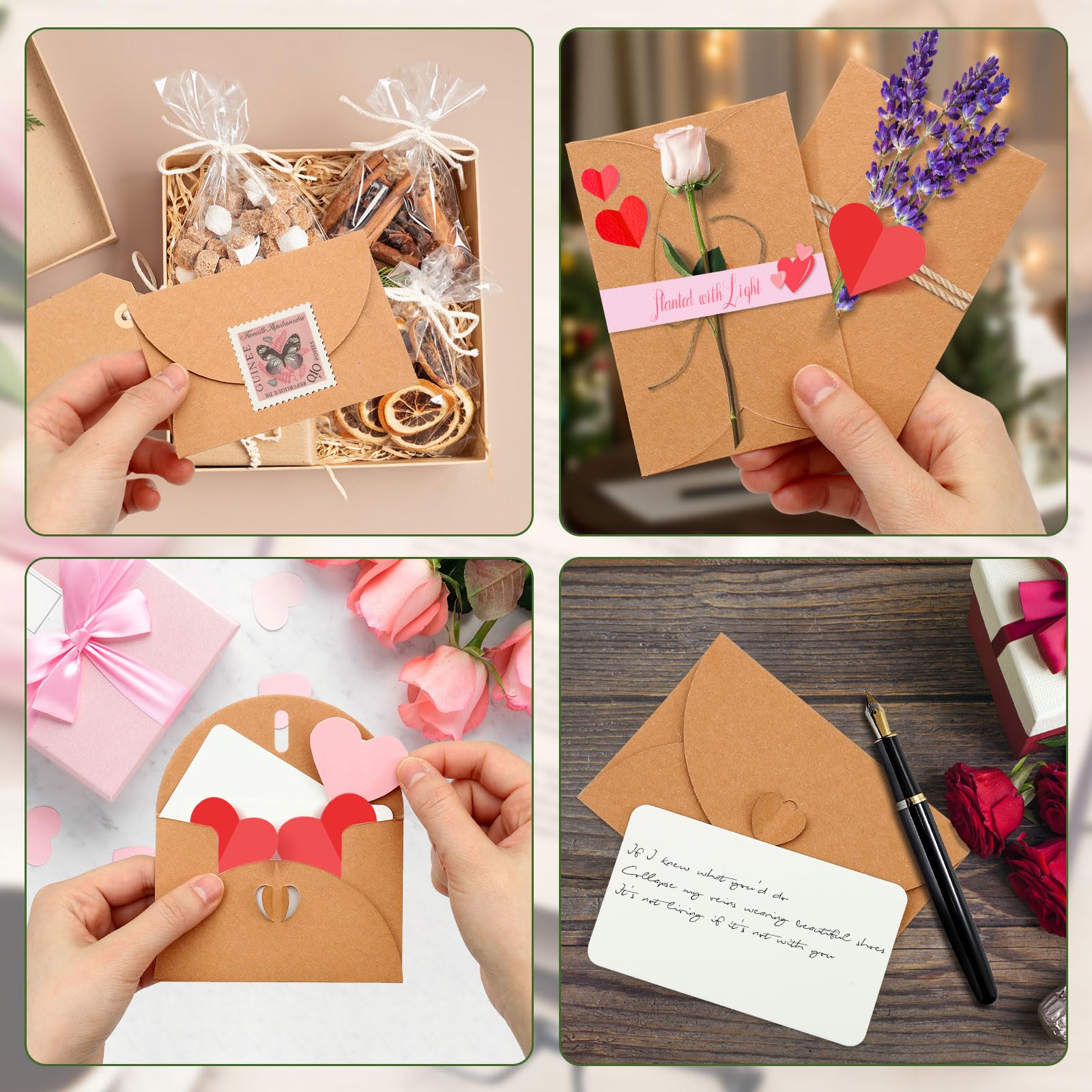 Buste di Carta Kraft 10.5x7cm con Carte Bianche, Chiusura a Cuore Farfalla per Regali Fai da Te