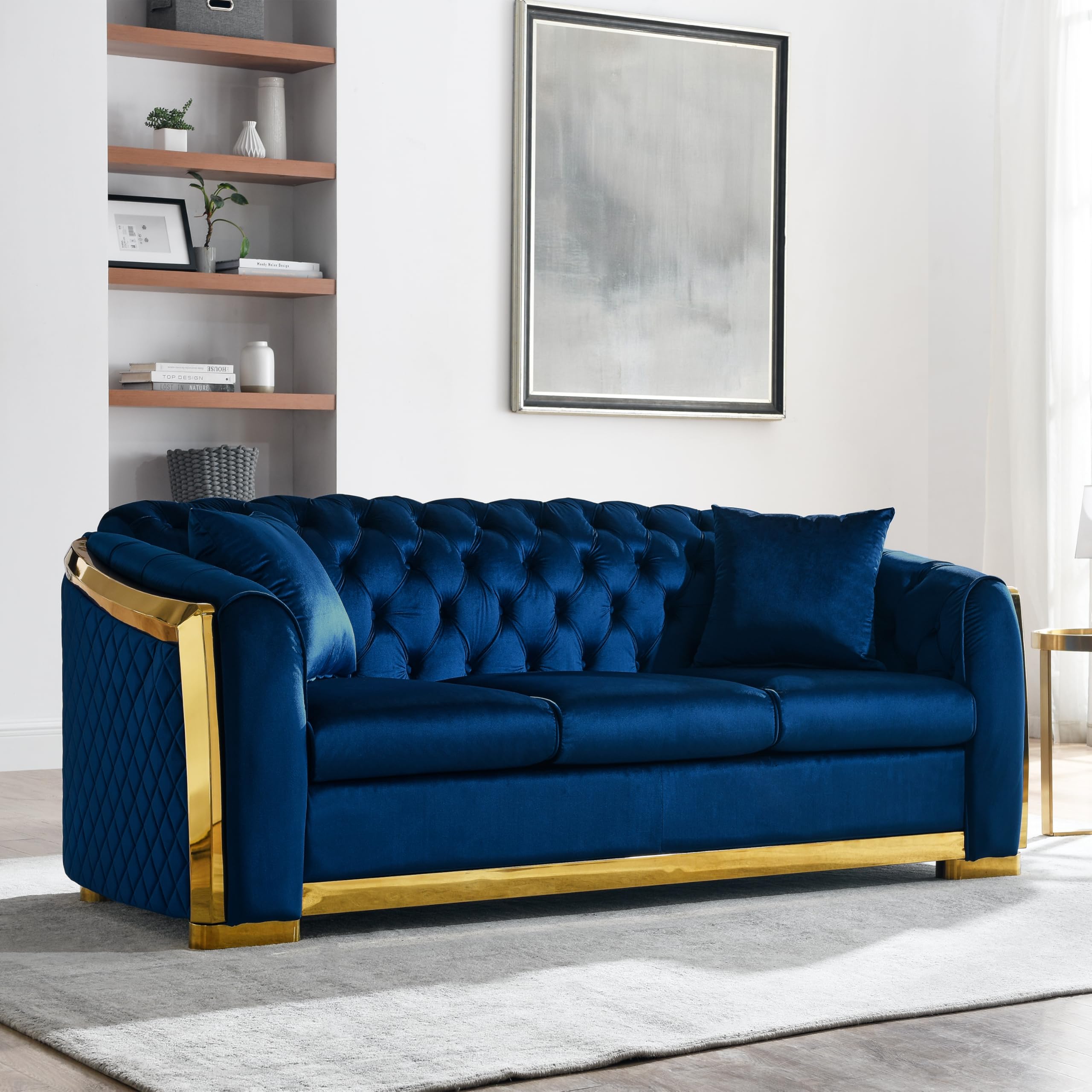 Photo 1 of KEIKI 84" Luxury Oversized Velvet Chesterfield Sofa with 2 Pillow & Gold Stainless Decoration, Italian Modern Style 3-Seater Button Tufted Couch with Rolled Arms, Easy Assembly, for Living Room, Navy----comes in 2 boxes 