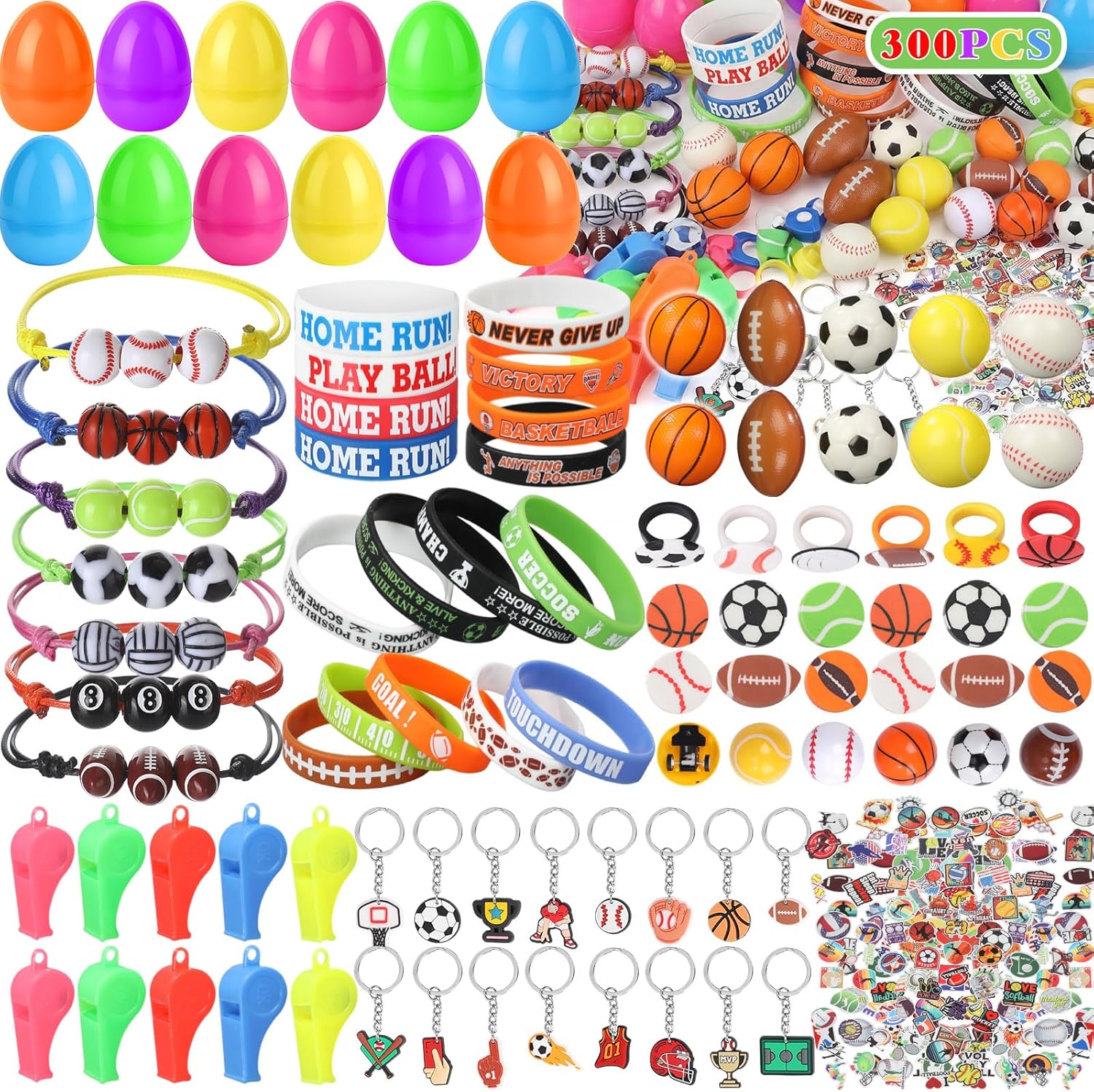 Capoda 300 Pcs Fillable Easter Eggs with Sports Eggs Fillers Bulk Soccer Baseball Football Basketball Small Items Sports Ball Party Favors Surprise Gifts for Easter Hunt Prizes Basket Stuffers