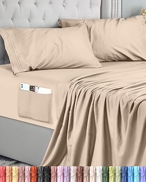 Utopia Bedding 4-Piece Sheet Set 150 x 200   Polyester Microfibre, Fitted Sheet with Storage Pockets, Flat Sheet and 2 Embroidered Pillowcases 150 Bed, Beige