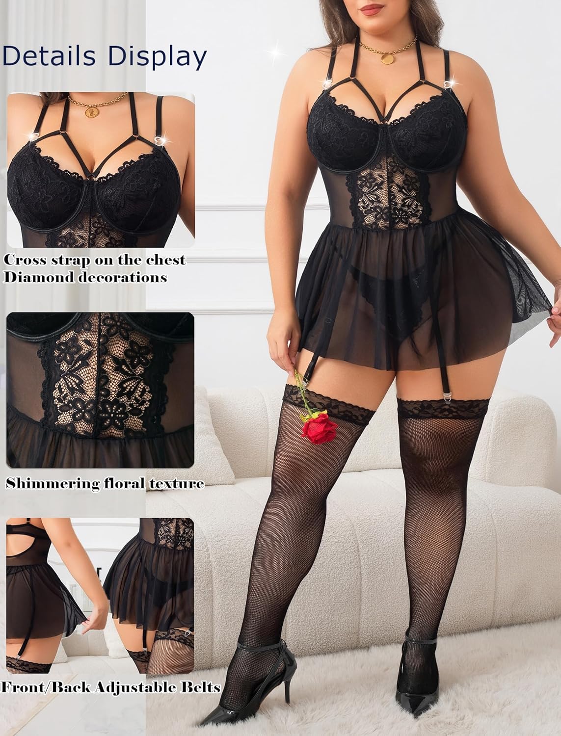 Plus Size Lingerie For Curvy Women Ruffle Lingerie Set Sexy Lace Lingerie Set Garter Belt With Stockings - Image 3