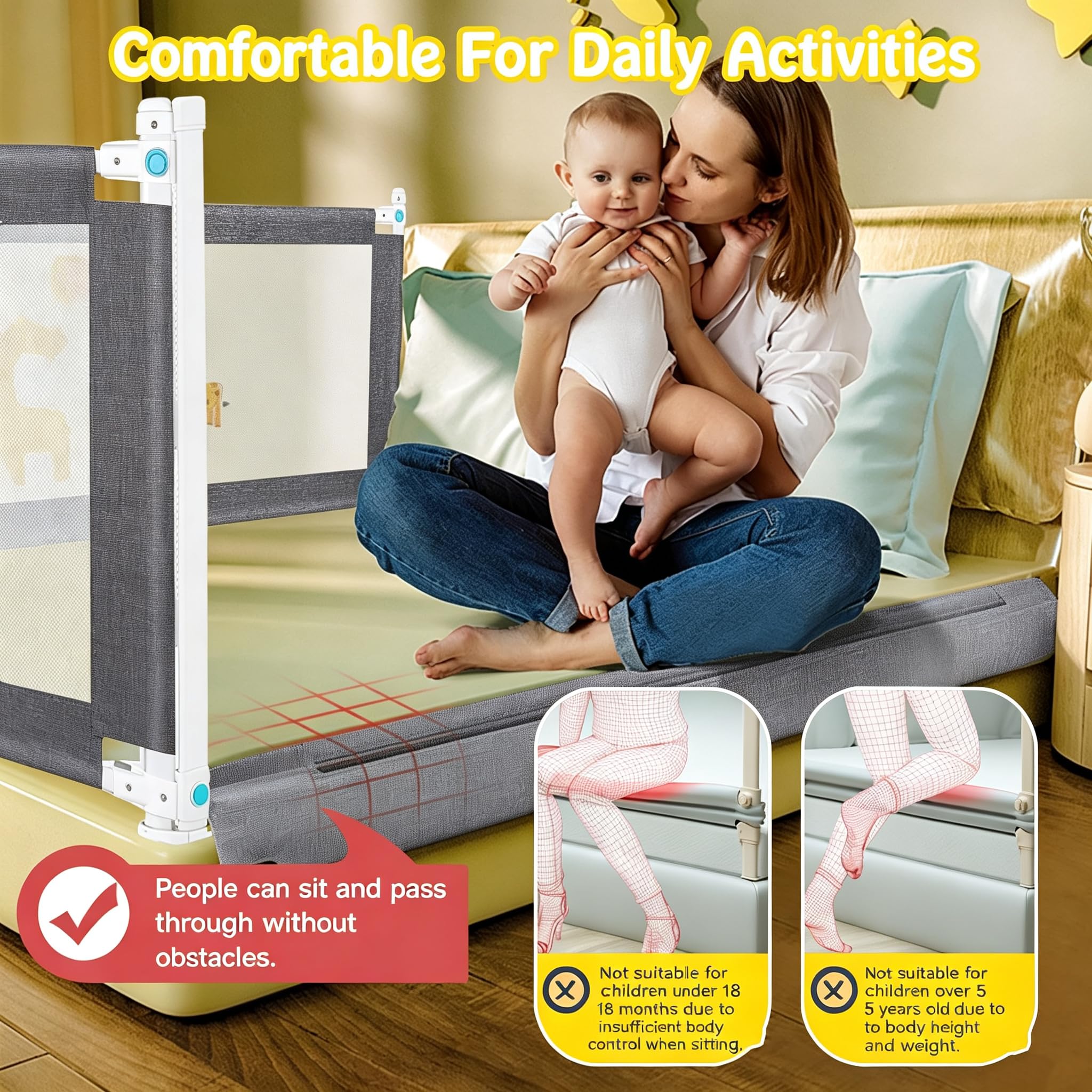 Sponda di protezione per letto da 1,5 m/1,8 m/2 m, per letto per bambini, per letto singolo, matrimoniale, king size, altezza regolabile 1,8 m