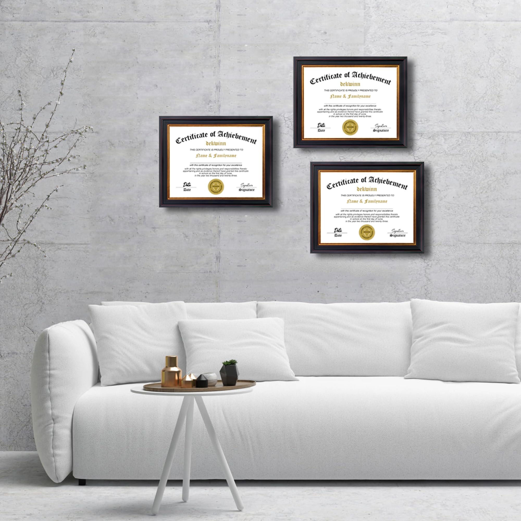 Diplomrahmen für Urkunden und Dokumente, 21,6 x 28,9 cm, 3 Stück, mit Echtglas, Diplomrahmen für Wandgalerie oder Tischdekoration, Schwarzgold-Zierleiste, ohne Passepartout