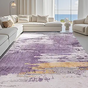 Carvapet 10x13 Rugs for Living Room Bedroom, Washable Purple Abstract Large Carpet, Low Pile, Non Slip, Foldable, Soft Area Rug with Rubber Backing (10 x 13 Feet, Lavender)