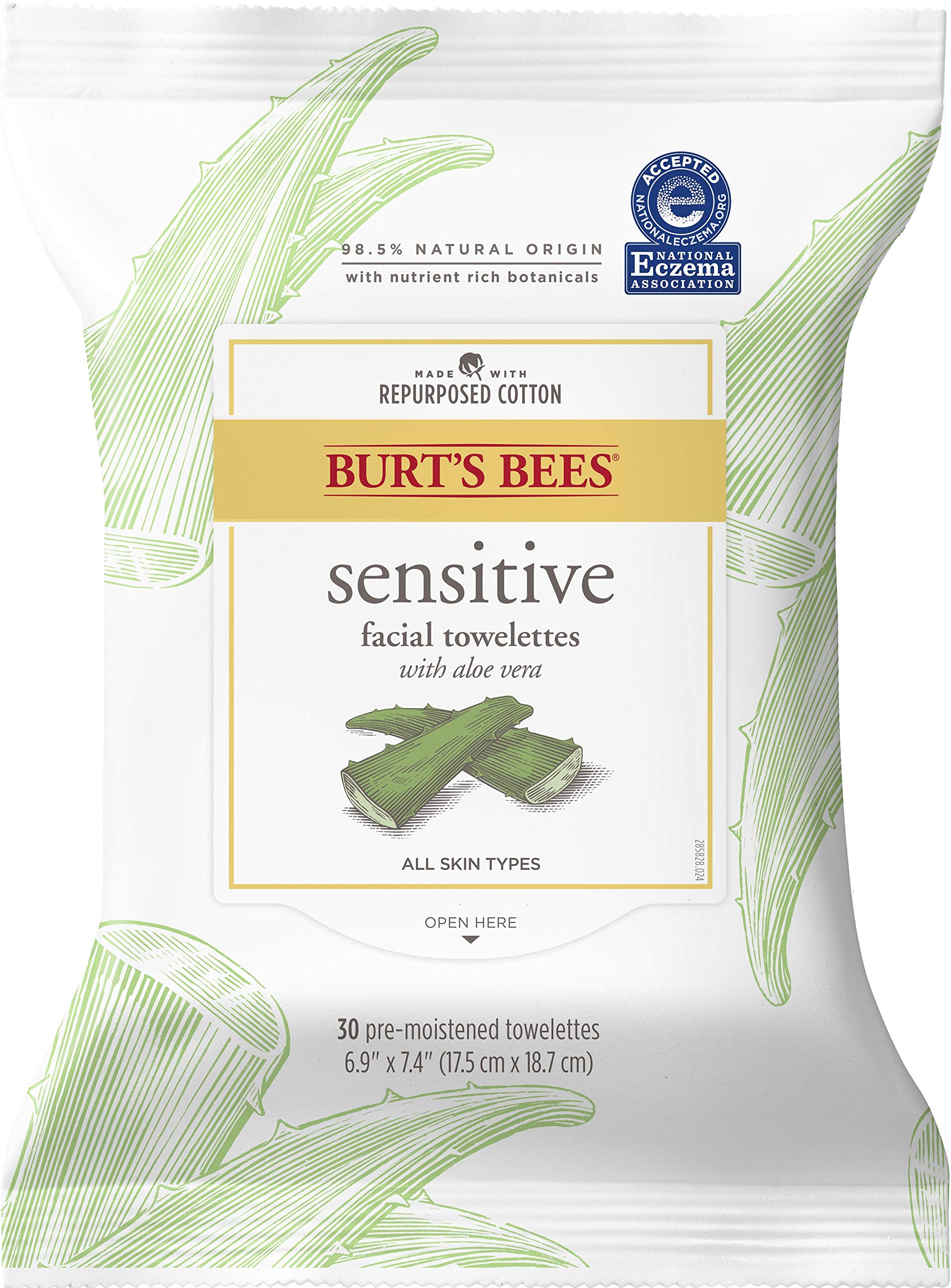 Burt's Bees Facial Cleansing Towelette Wipes for Sensitive Skin with Cotton Extract, 30 Count (Package May Vary)