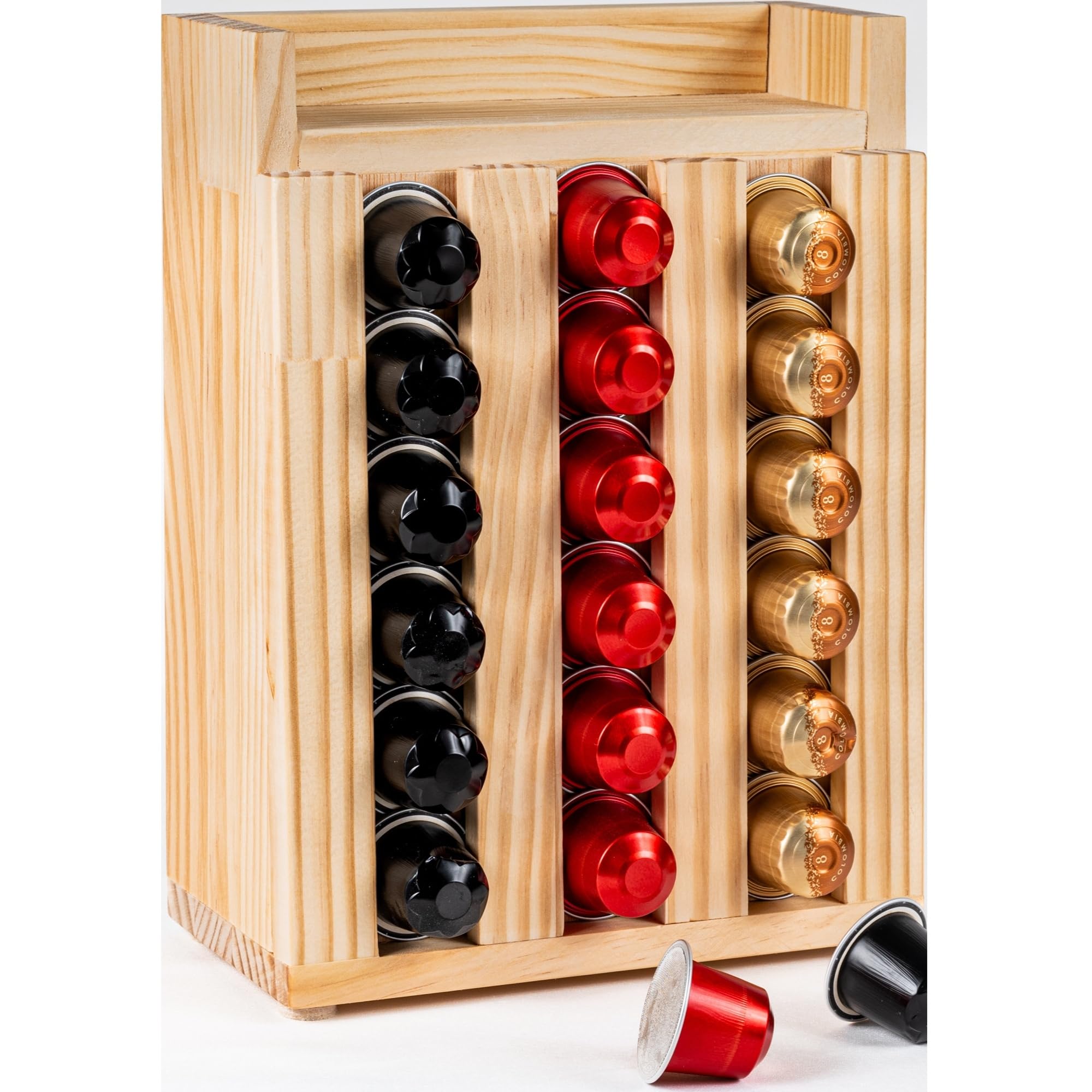 Porta Cápsulas Madera 40 Unidades – Organizador Vertical con Bandeja Superior y Almacenamiento Trasero – Compatible Tipo Original