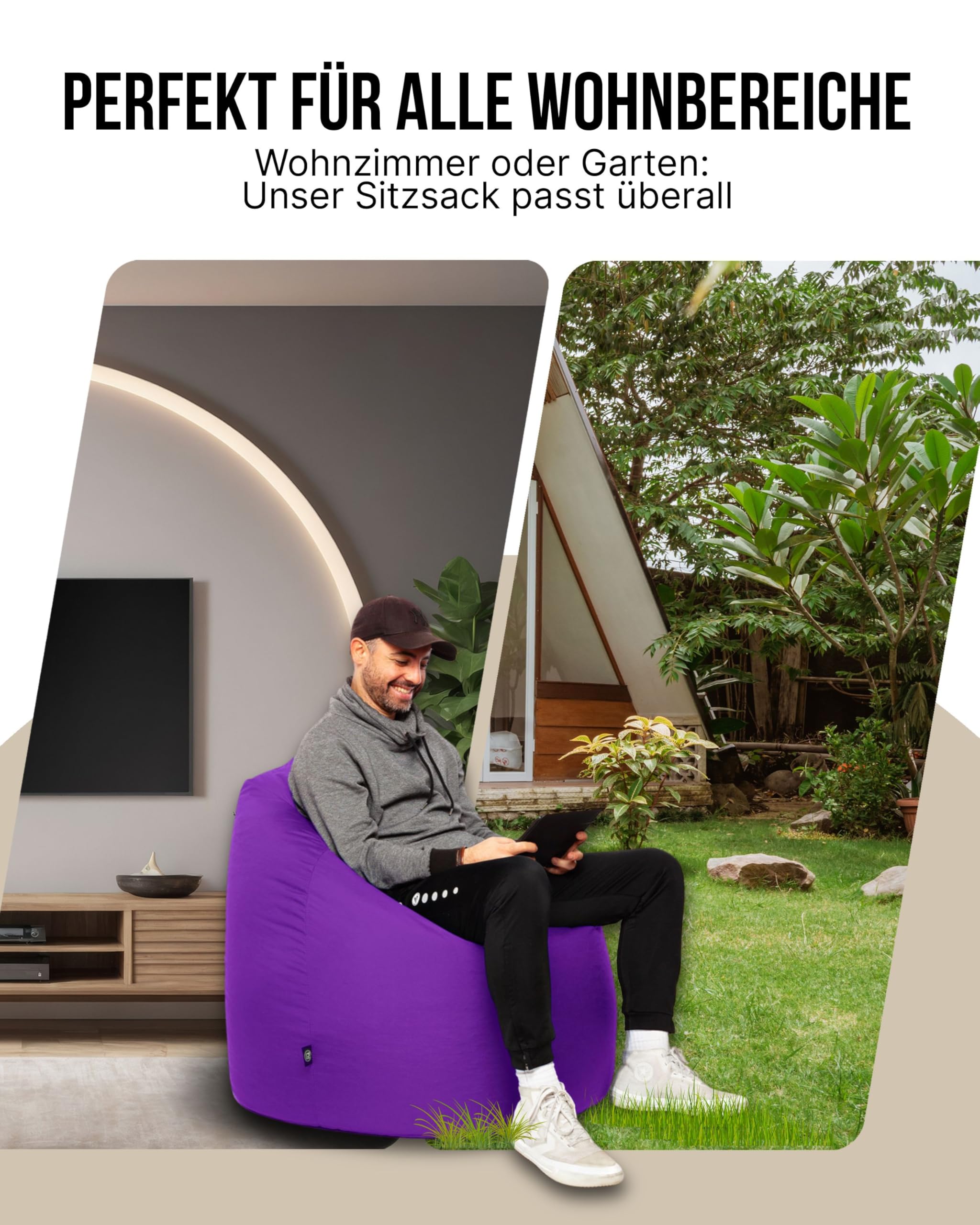Patchhome Pouf a forma di goccia con chiusura lampo ricaricabile – per interni ed esterni – con imbottitura in polistirolo – disponibile in 3 misure XL – altezza 105 cm, diametro 65 cm viola