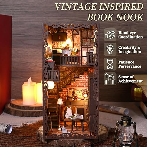 Miniatura 5 de TuKIIE Kit de bricolaje en miniatura para rincón de libros, estantería de casa de muñecas con luz LED, soporte decorativo de madera para niños,