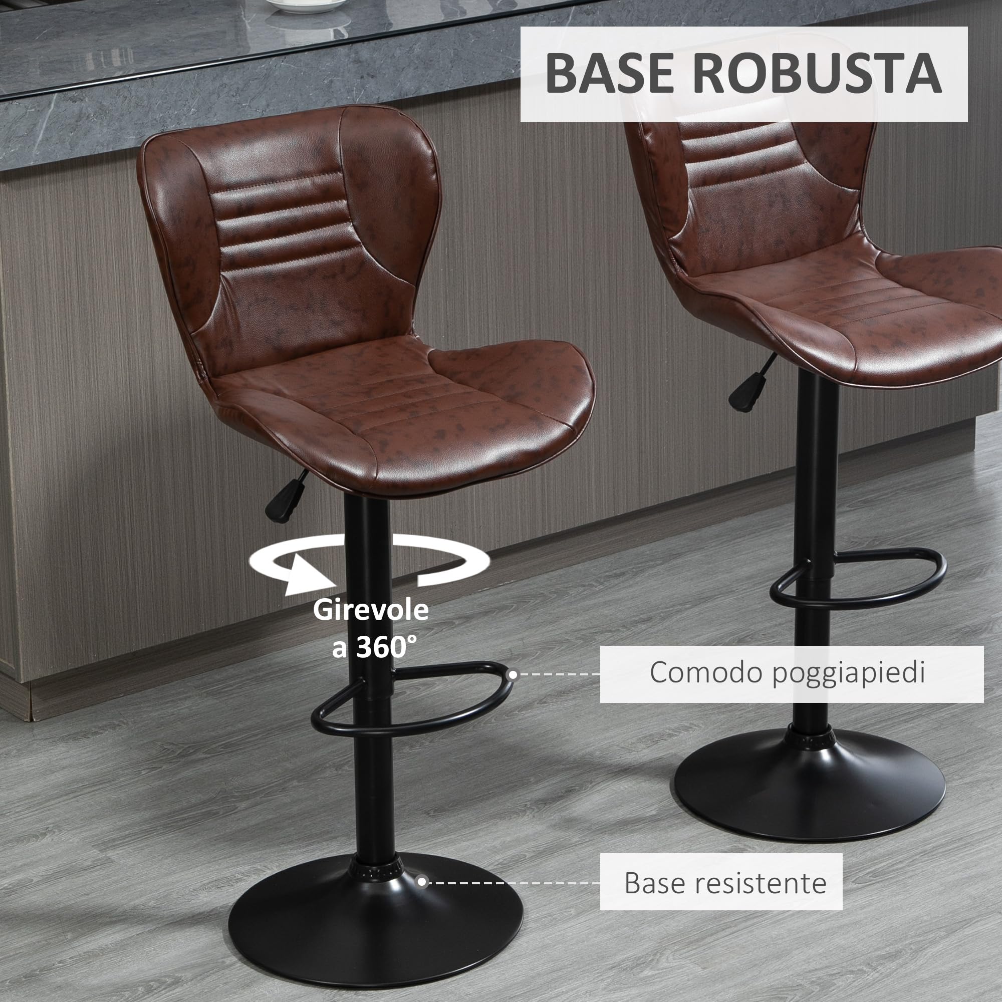 HOMCOM Set 2 Sgabelli da Bar Alti in Finta Pelle Seduta Girevole Marrone | Sgabelli da Cucina, Altezza Regolabile, Poggiapiedi