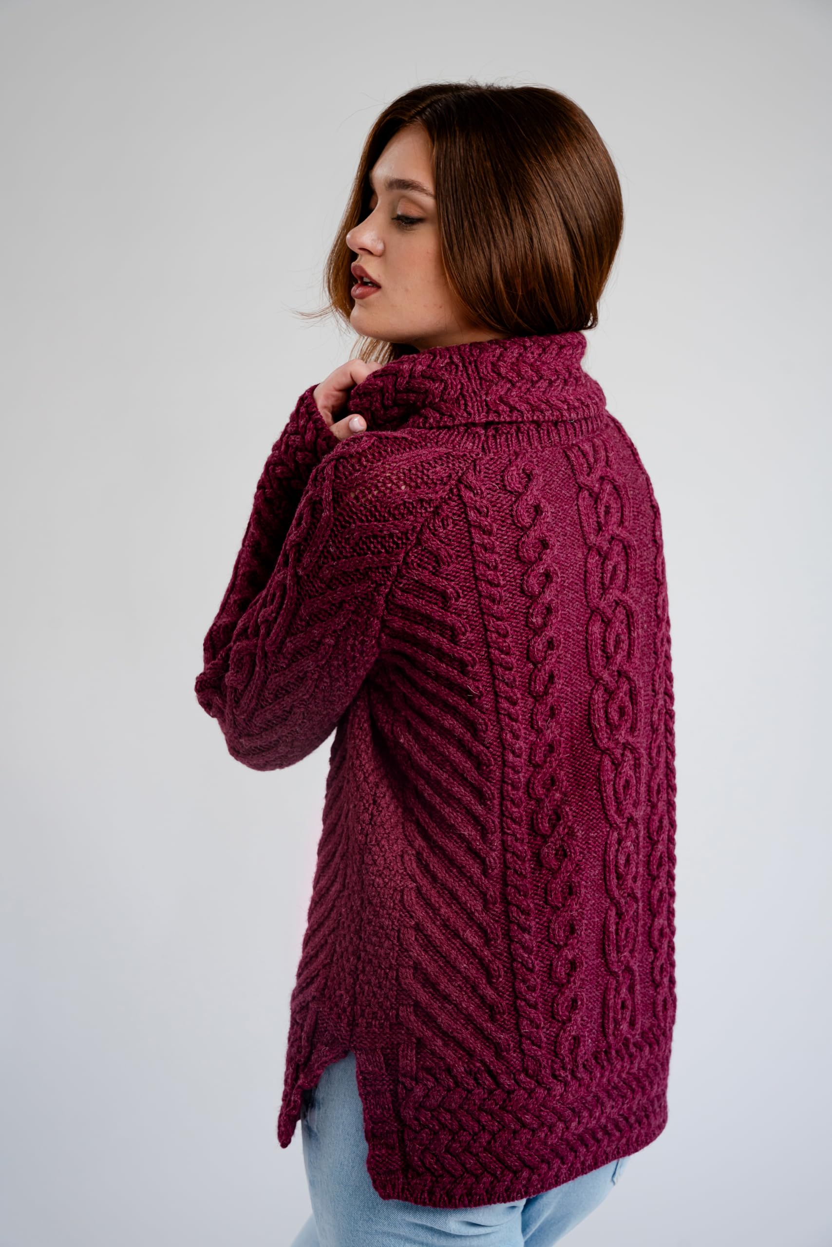SAOL 100% Merinowolle Fisherman Trichterhals Irisch Aran Pullover für Damen