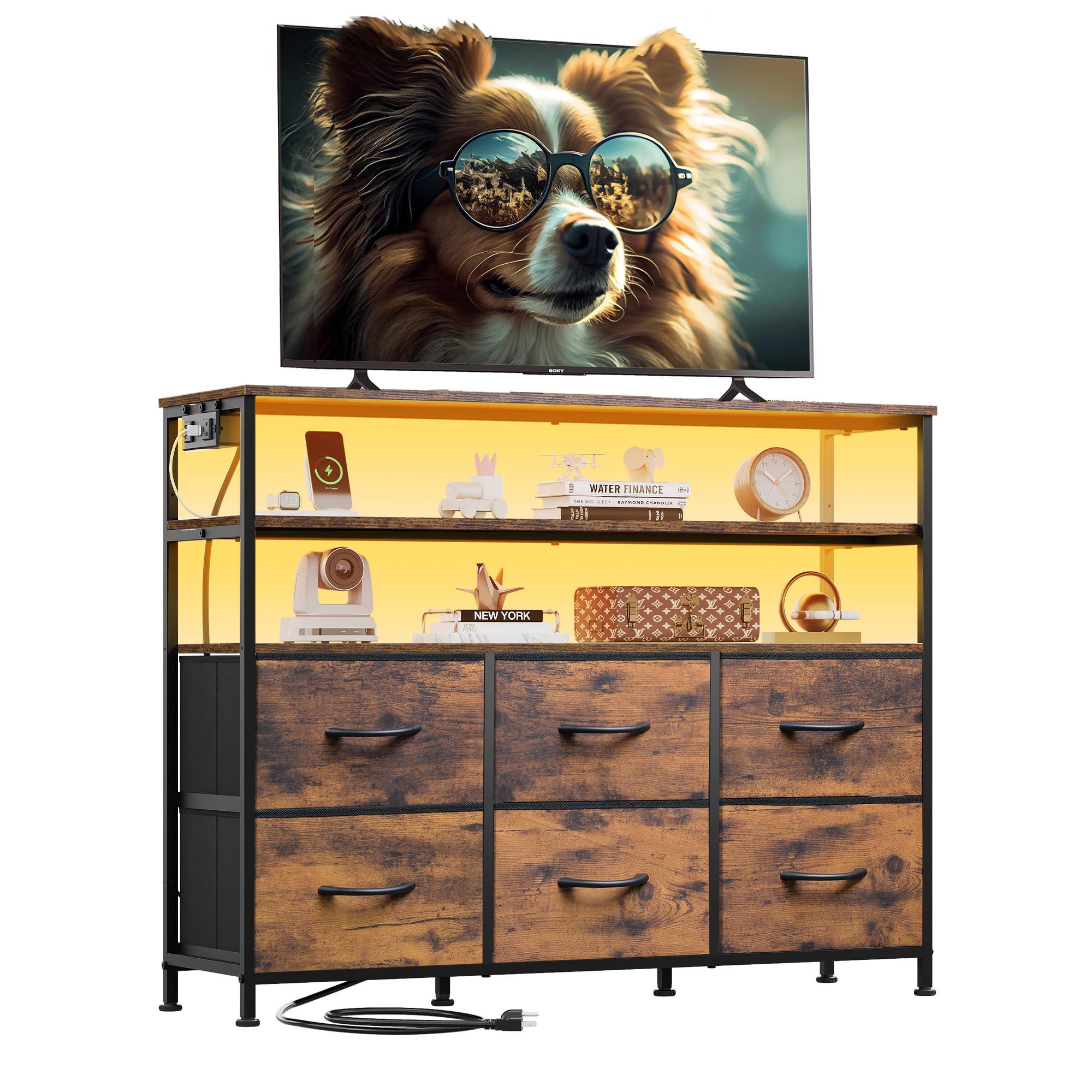WLIVE TV Stand for 40, 45 inch TV, Entertainment Center with LED Lights & Charging Station, TV Media Console Table with 6 Fabric Drawers and Open Shelves for Living Room, Hallway, Rustic Brown