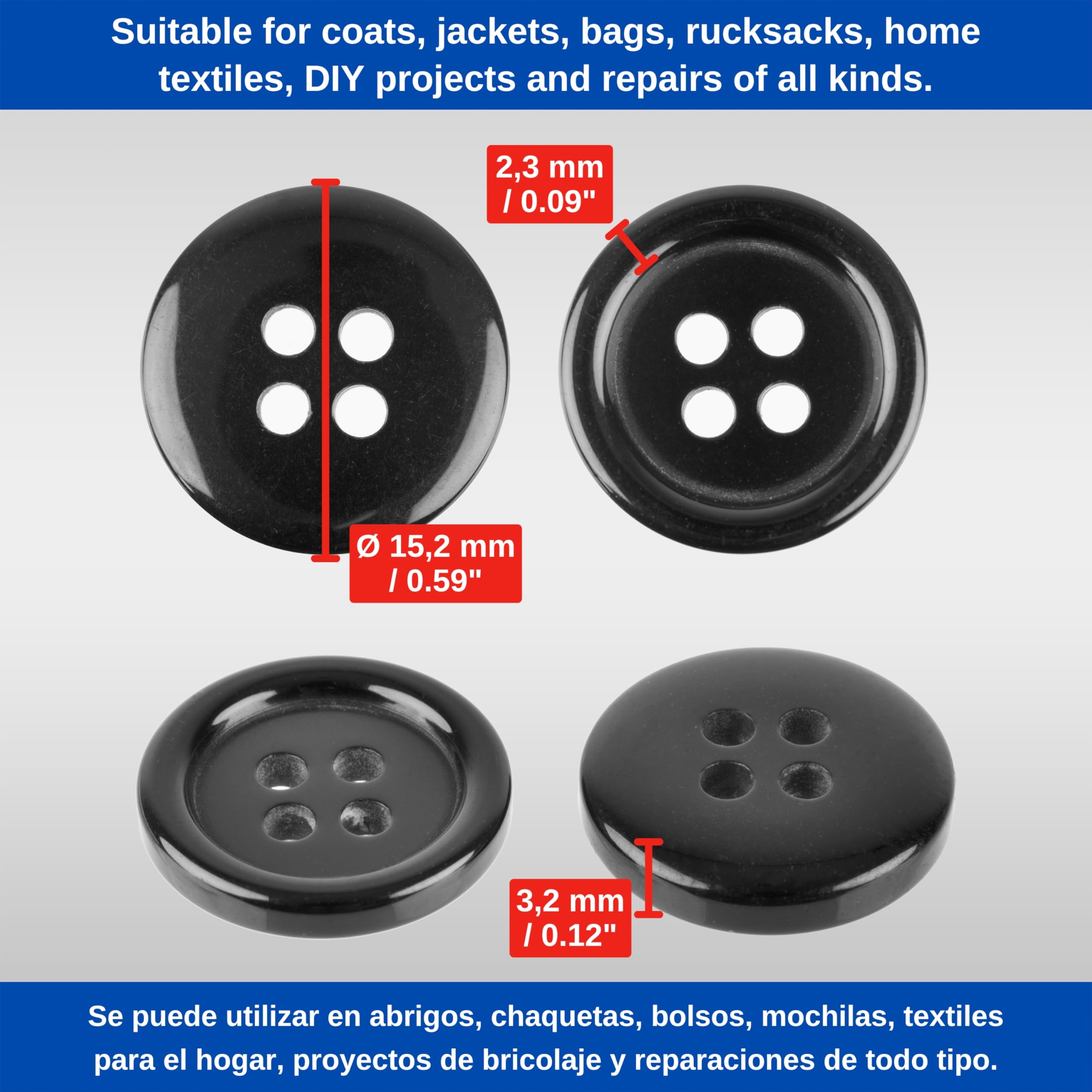 14 Bottoni Set Cappotto Blu / Trasparente 4 Fori Resina 4 X 2,2 Cm 10 X - Foto 10