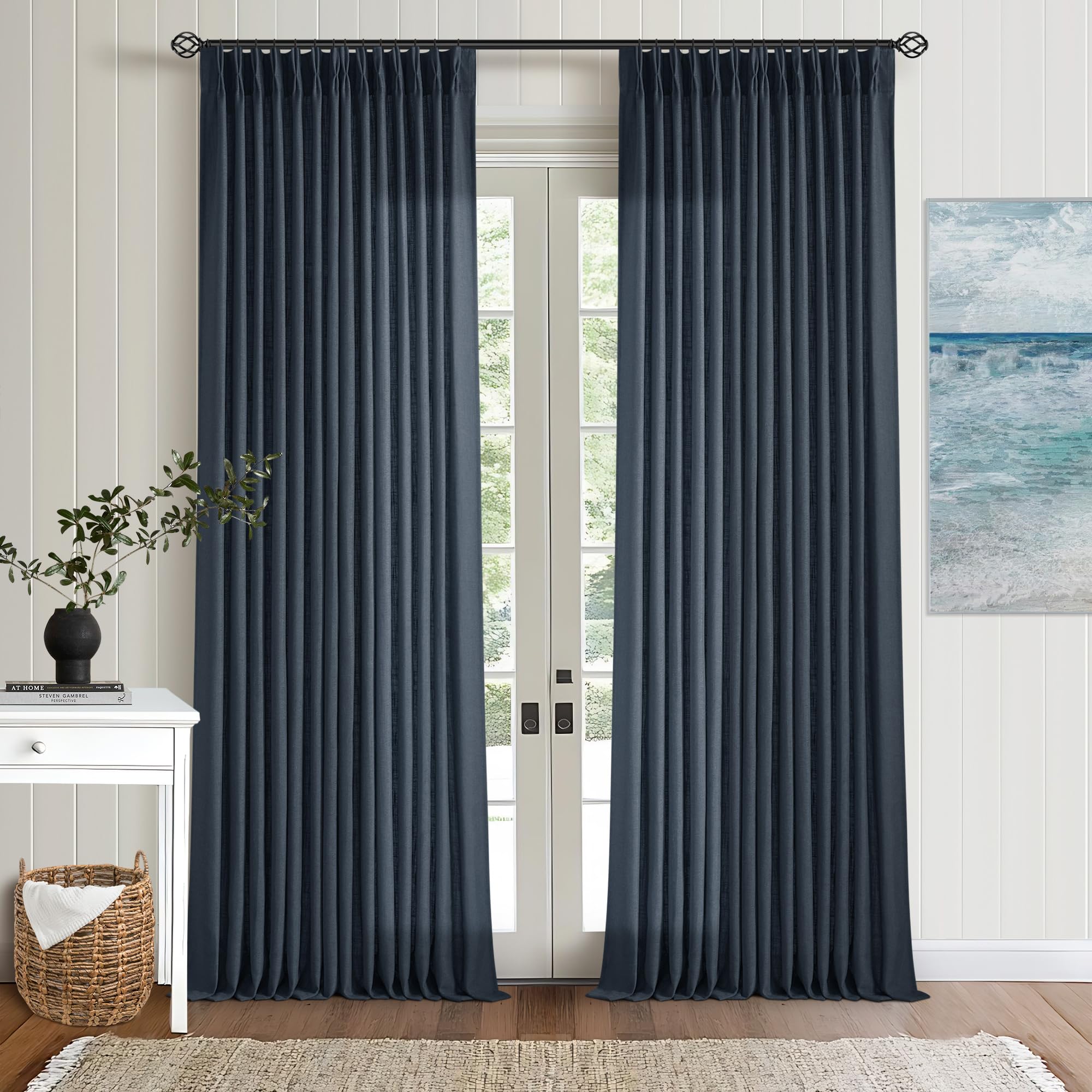 TWODRAPES Navy Indigo Linen Pinch Pleated Curtains 102 Inches Long 2 Panels