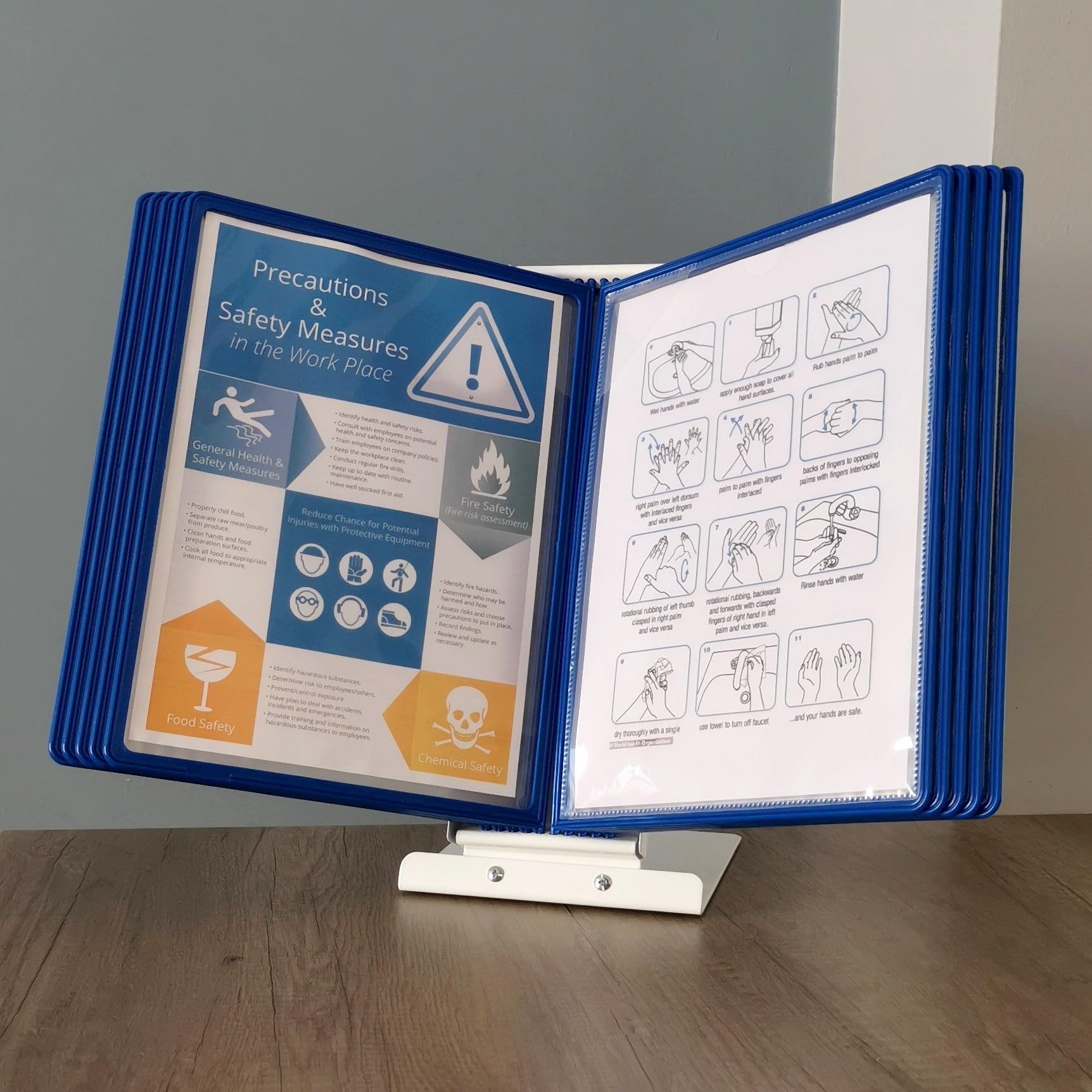 Leviatan Sistema da Tavolo con Pannelli A4 – Set da 10 Portadocumenti – Base in Metallo Stabile – Display Informazioni per Ufficio, Officina e Reception - Blu