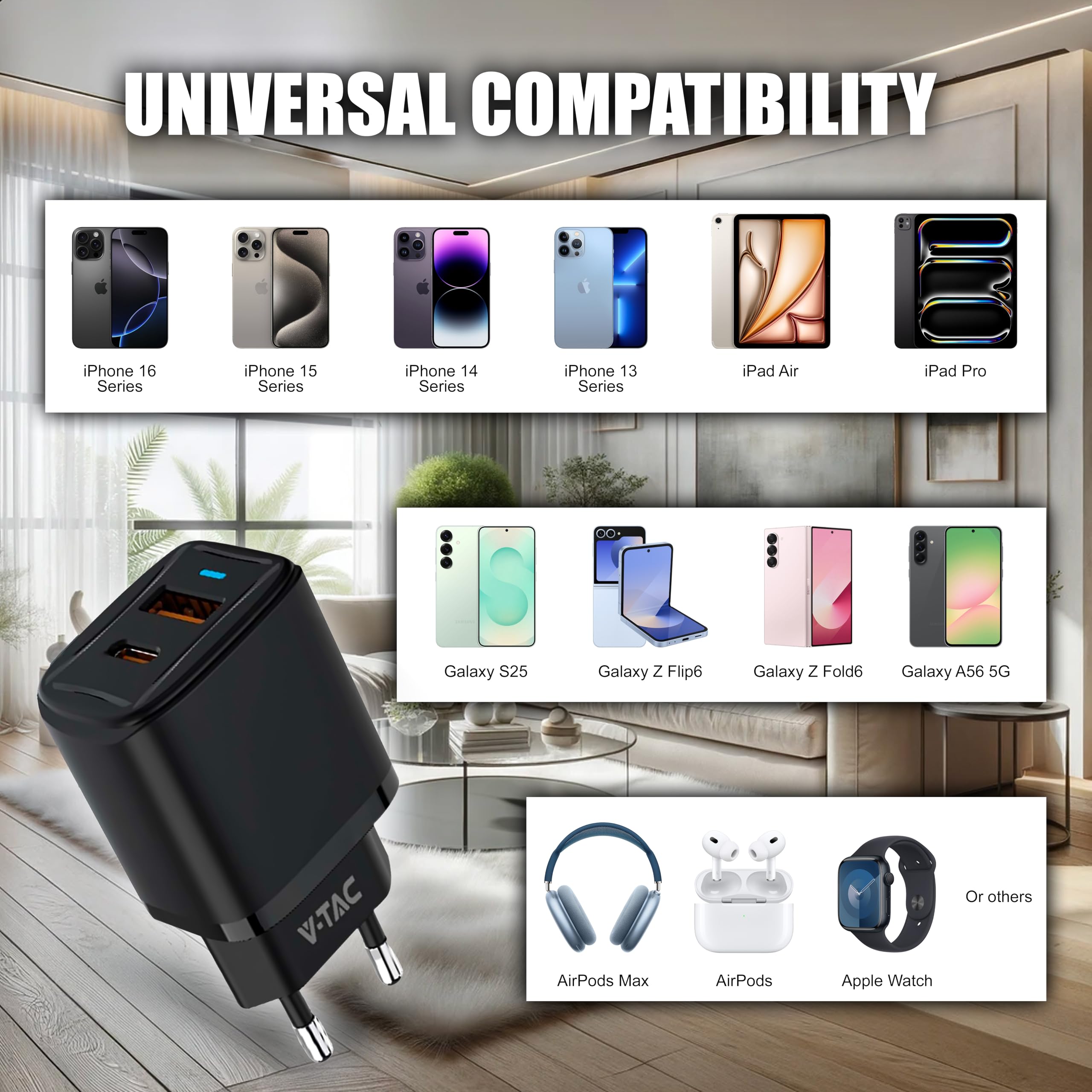 V-TAC Caricatore Rapido USB-C 20W per Iphone e Samsung – [SUPER PICCOLO] - per Smartphone e Dispositivi – 2 Porte: Type C + USB A - Compatibile Iphone 14/15/16/17 PRO/MAX e Galaxy S25 / S26 / A56