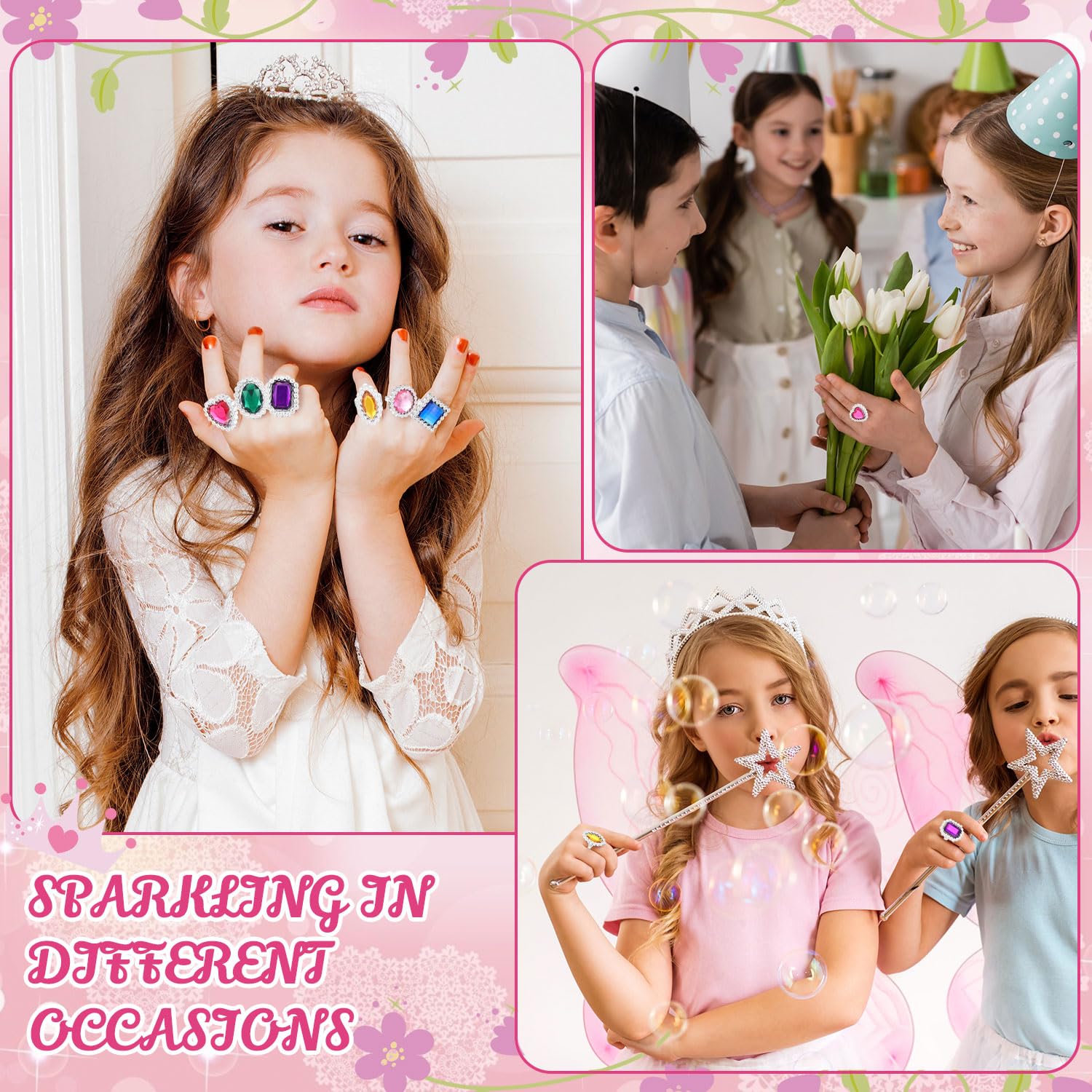 72 anillos de plástico coloridos ajustables falsos de princesa joyería anillos para despedida de soltera, accesorios de fiesta 6