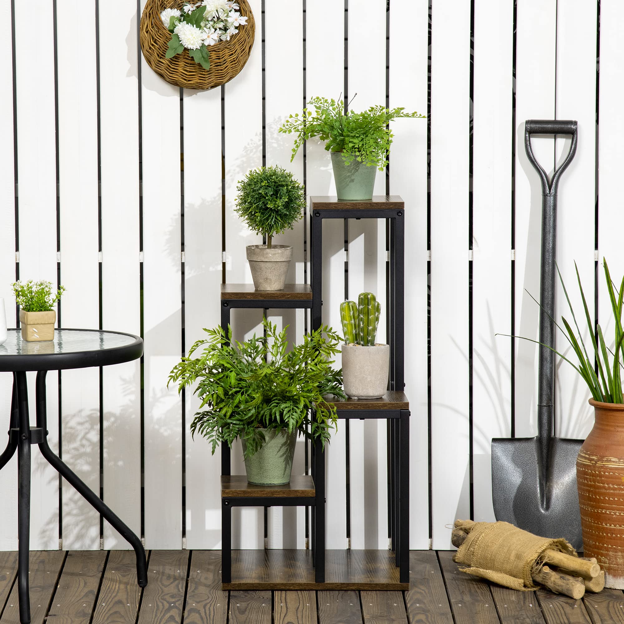 Outsunny Support pour Plantes 4 Étagères Porte-Plante 40 x 40 x 81 cm Noir | Étagère à Fleurs, Différentes Hauteurs, Structure Acier, Intérieur, 4 Plateaux
