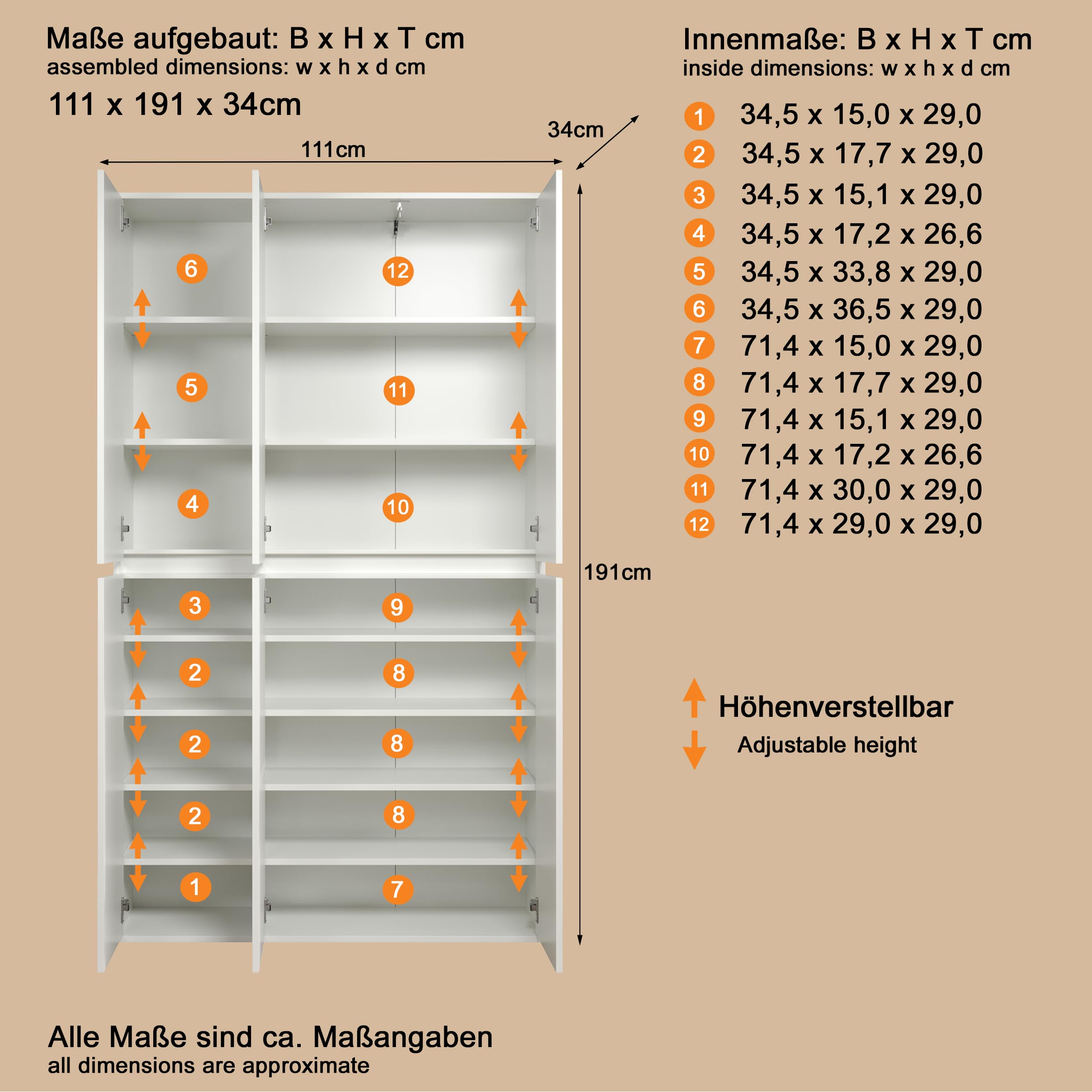 trendteam smart living - Nevada - Mehrzweckschrank - Weiß - Schrank mit 6 Türen, 12 Einlegeböden und 1 Kleiderstange - (BxHxT) 111 x 191 x 34 cm - grifflose Türen