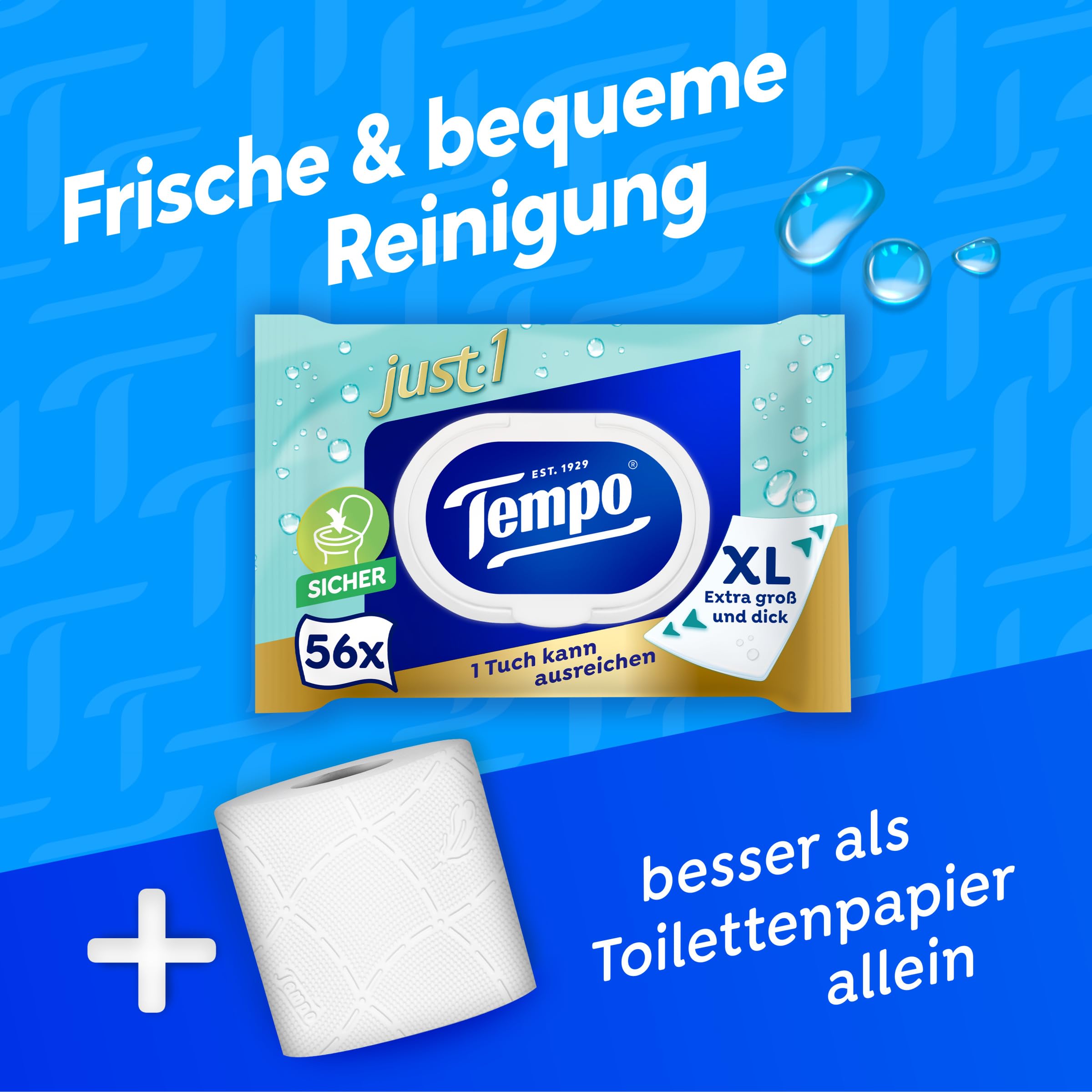 Tempo Feuchte Toilettentücher Just1, Premium, Übergroß, 56 Tücher pro Packung