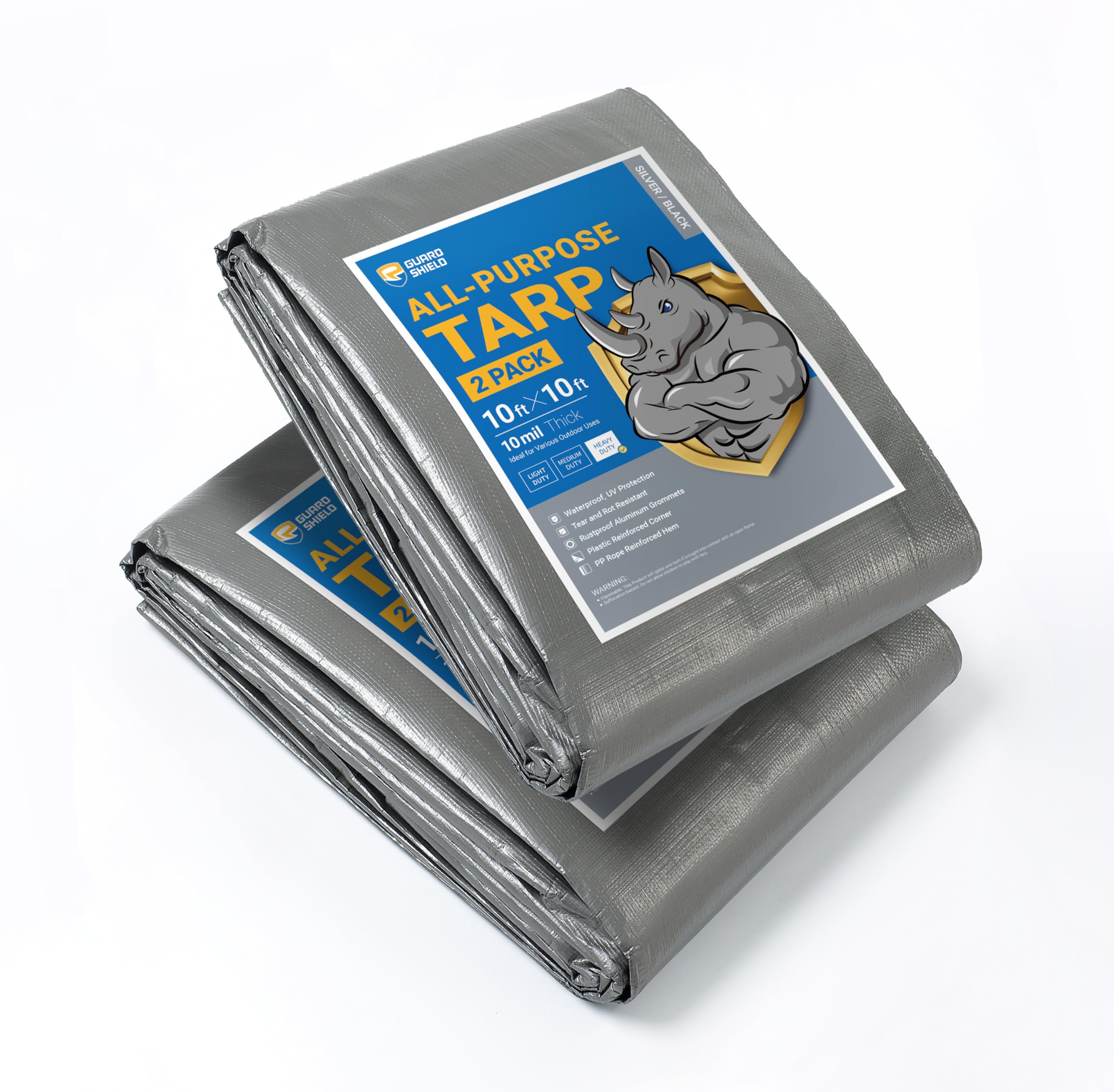 GUARD SHIELD Tarps Heavy Duty Waterproof 10x10 Feet Silver/Black Poly Tarp Cover Square Outdoor Thick UV Resistant Tarpaulin with Grommets 10mil (2-Pack)