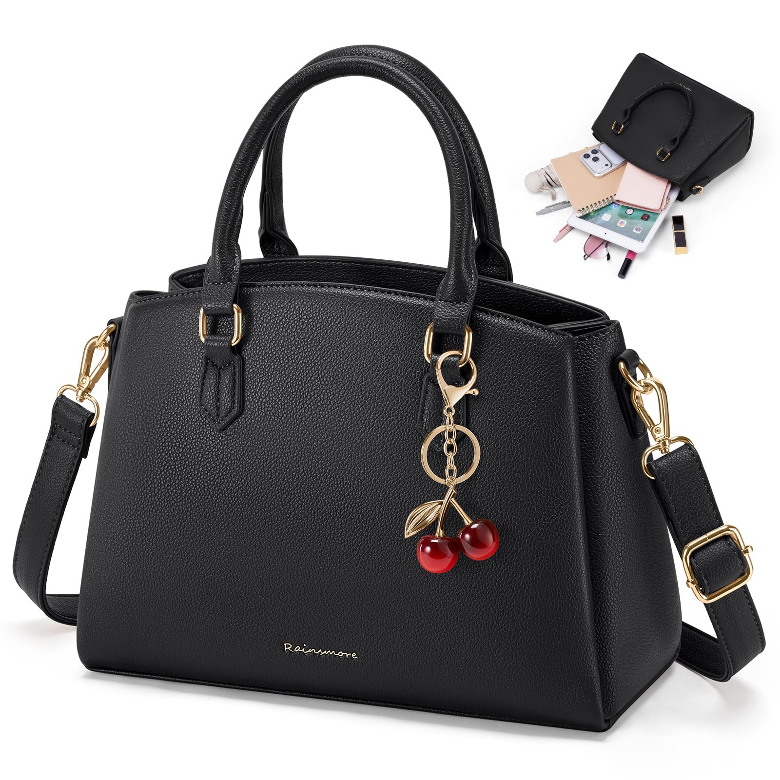 RAINSMORE Sac a Main Femme en Cuir PU Sac a Main avec Bandoulière Amovible Sac a Main Femme Cuir Convient pour Tablette 11 Pouces Sac à Main pour le Travail Shopping Noir