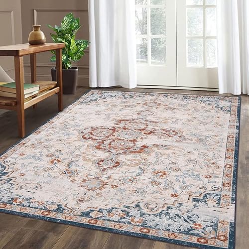 Miniatura 2 de COZYLOOM Alfombra de área de 8 x 10 pies, estilo bohemio, tribal, alfombra floral vintage, grande, lavable, envejecida, oriental, antideslizante,