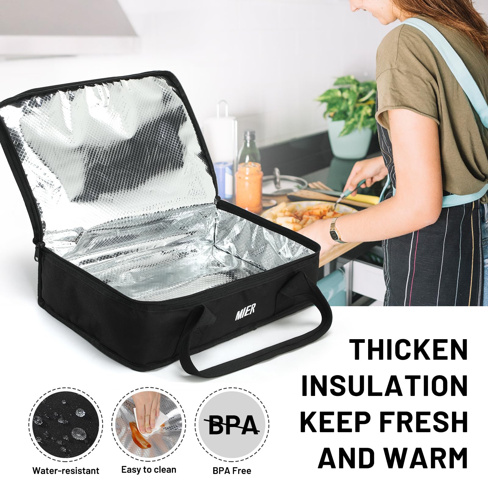 MIER Borsa termica per casseruole isolate per cibi caldi o freddi, per lasagne, potluck, feste, picnic, grigliate, adatta per teglie da forno da 22,9 x 33 cm, nero
