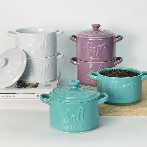 Miniatura 5 de MAIA Recipiente apilable de cerámica para sal y pimienta, recipiente de sal de 9 onzas, tarros de especias con etiqueta, recipiente de sal morada
