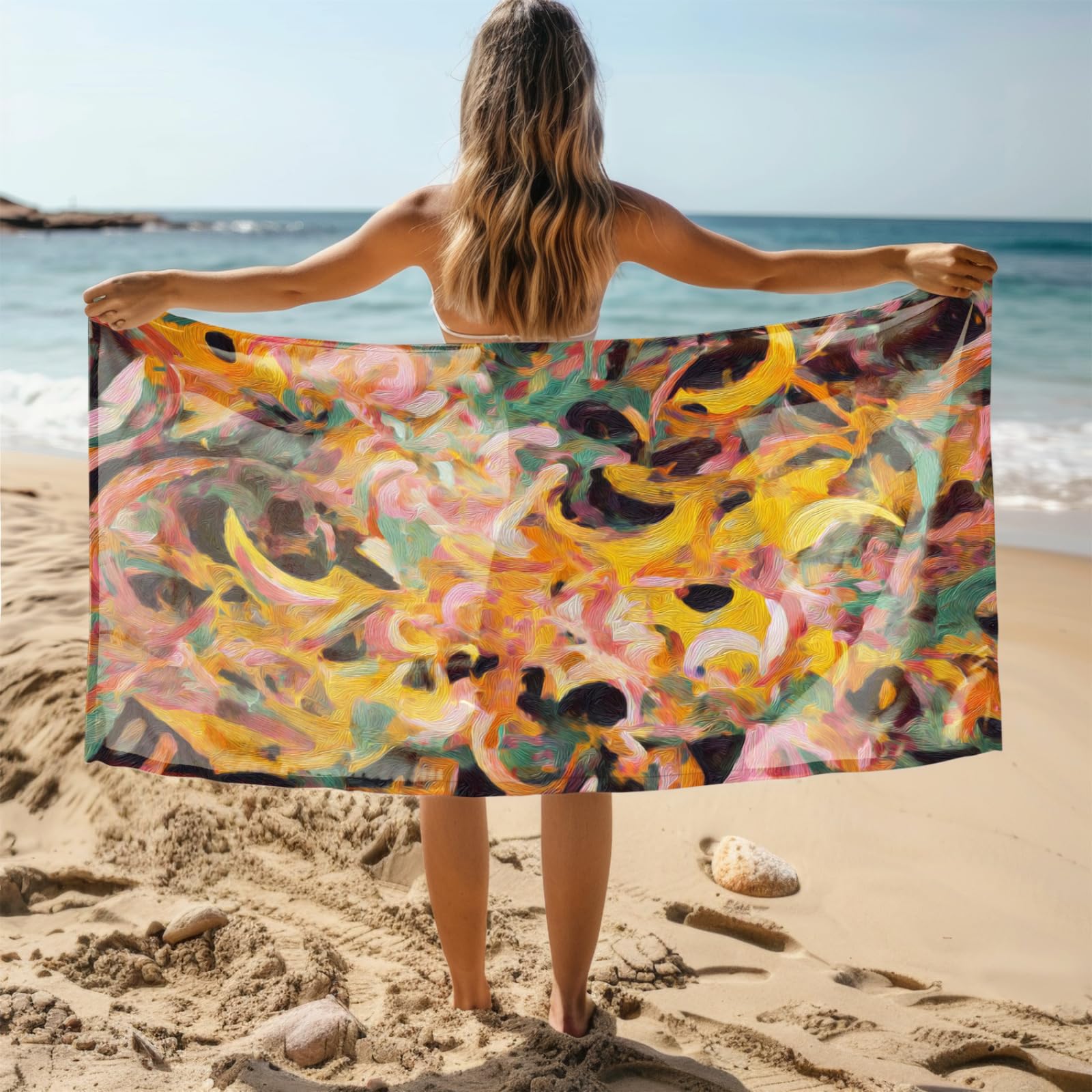 Telo Mare Microfibra 210x230 Giallo Rosa Astratto Telo Spiaggia Grande Antisabbia,XXL Asciugamano Mare, Asciugatura Rapida, Stuoia Spiaggia Leggero E Portatile