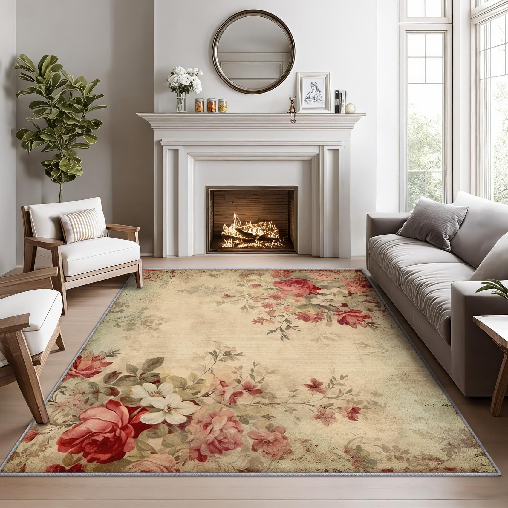 Tapis Shabby Chic à Fleurs Roses Lavable, Tapis Rustique Floral Vintage pour Chambre à Coucher, Salon, Fin et antidérapant (160 x 220 cm)