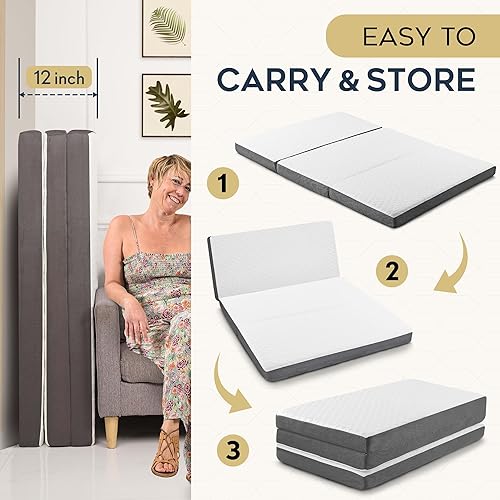 Miniatura 5 de Colchón triple plegable con capa de espuma viscoelástica, colchón plegable triple de 4 pulgadas con funda lavable, tamaño individual de 75 x 25 x 4