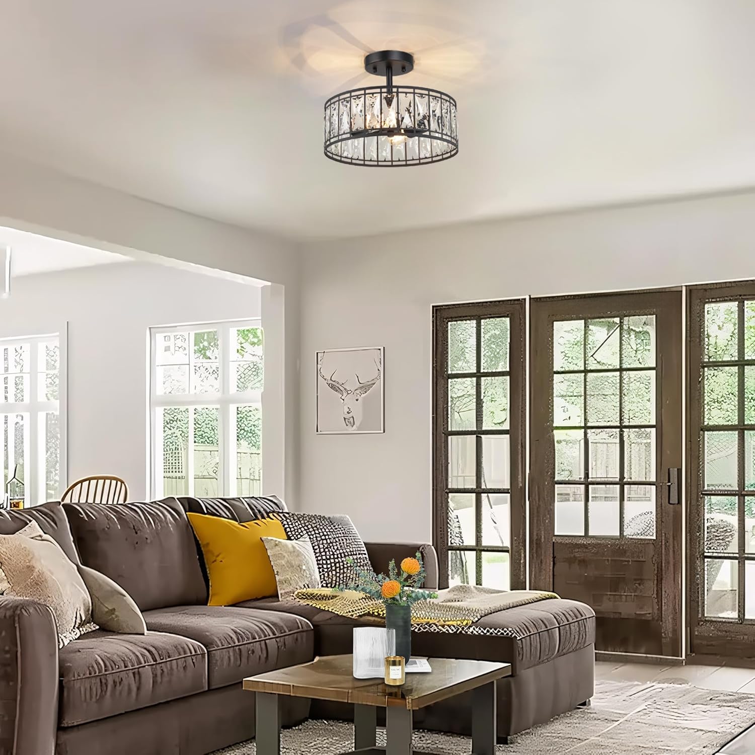 KSANA Modern Farmhouse Crystal Semi Flush Mount Ceiling Light Fixture with Drum Glass Shade for Bedroom, Hallway, Kitchen, Dining & Living Room, Foyer and Bathroom