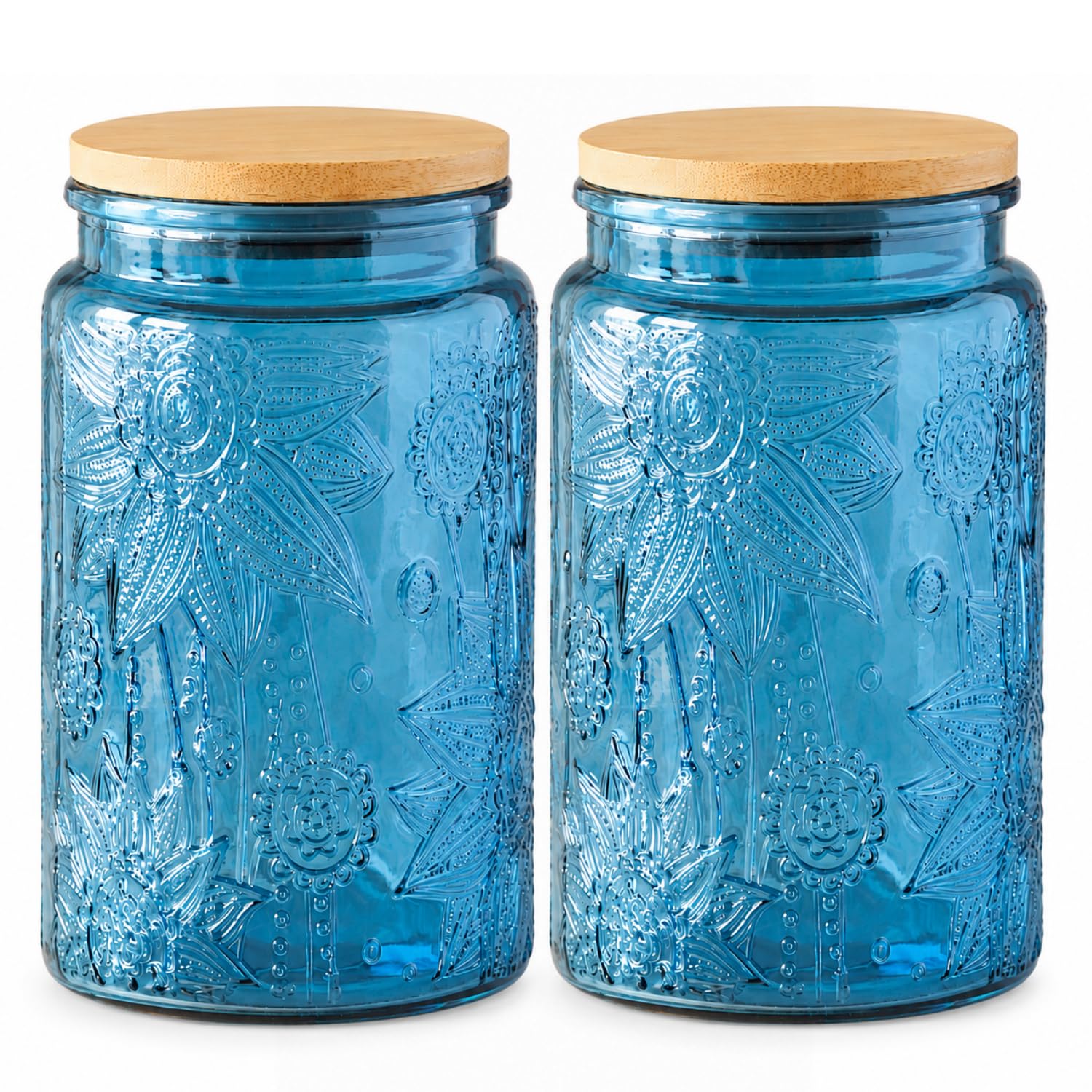 ANSQU Blue Glass Jars, 1000ml Vintage Glass Kitchen Storage Counter Jar, Candy Jars with Lids, Decorative Mason Jars Hold Coffee Beans, Tea, Cookie, Sugar, Bath Salts (Blue, 2 Pack)