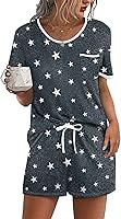 Ekouaer Women's 2 Piece Pajama Set: Soft Short Sleeve Sleepwear with Chest Pocket & Drawstring Shorts