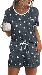 Ekouaer Women's 2 Piece Pajama Set: Soft Short Sleeve Sleepwear with Chest Pocket & Drawstring Shorts