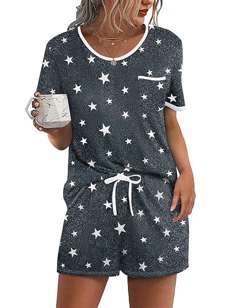 Ekouaer Pajama Set for Women 2 Piece Lounge Set Short Sleeve Tops and Shorts Soft Sleepwear, Chest Pocket