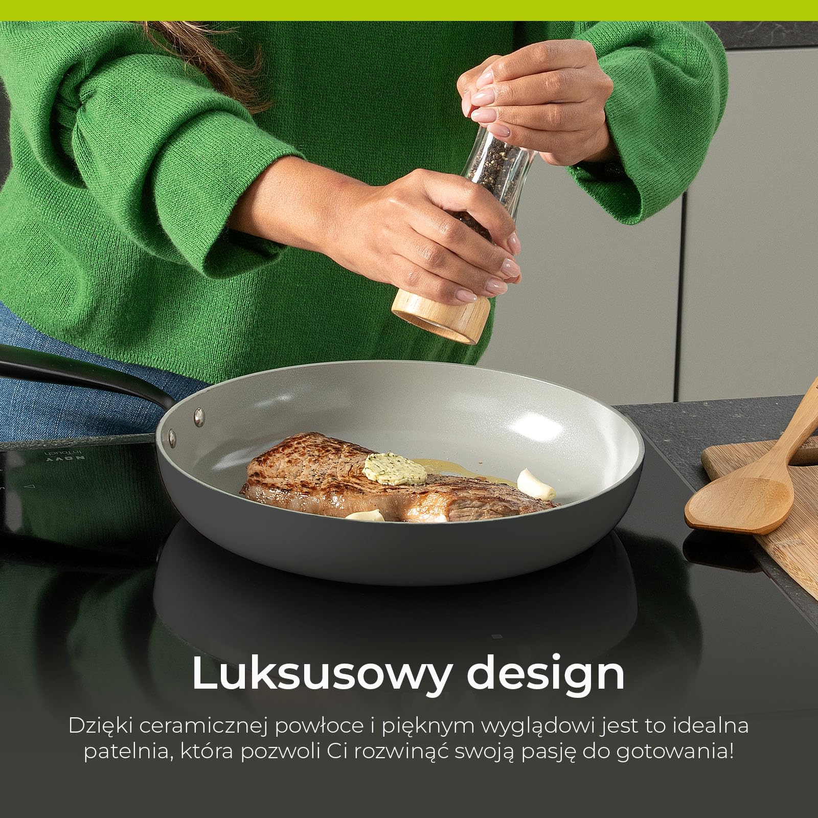 BE Living Essential 5-częściowy zestaw garnków, Ø 20, 24 i 28 cm patelnia do smażenia + Ø 30 cm patelnia do gotowania + Ø 28 cm, zestaw patelni, ceramiczne, bez PFAS, indukcja, szary