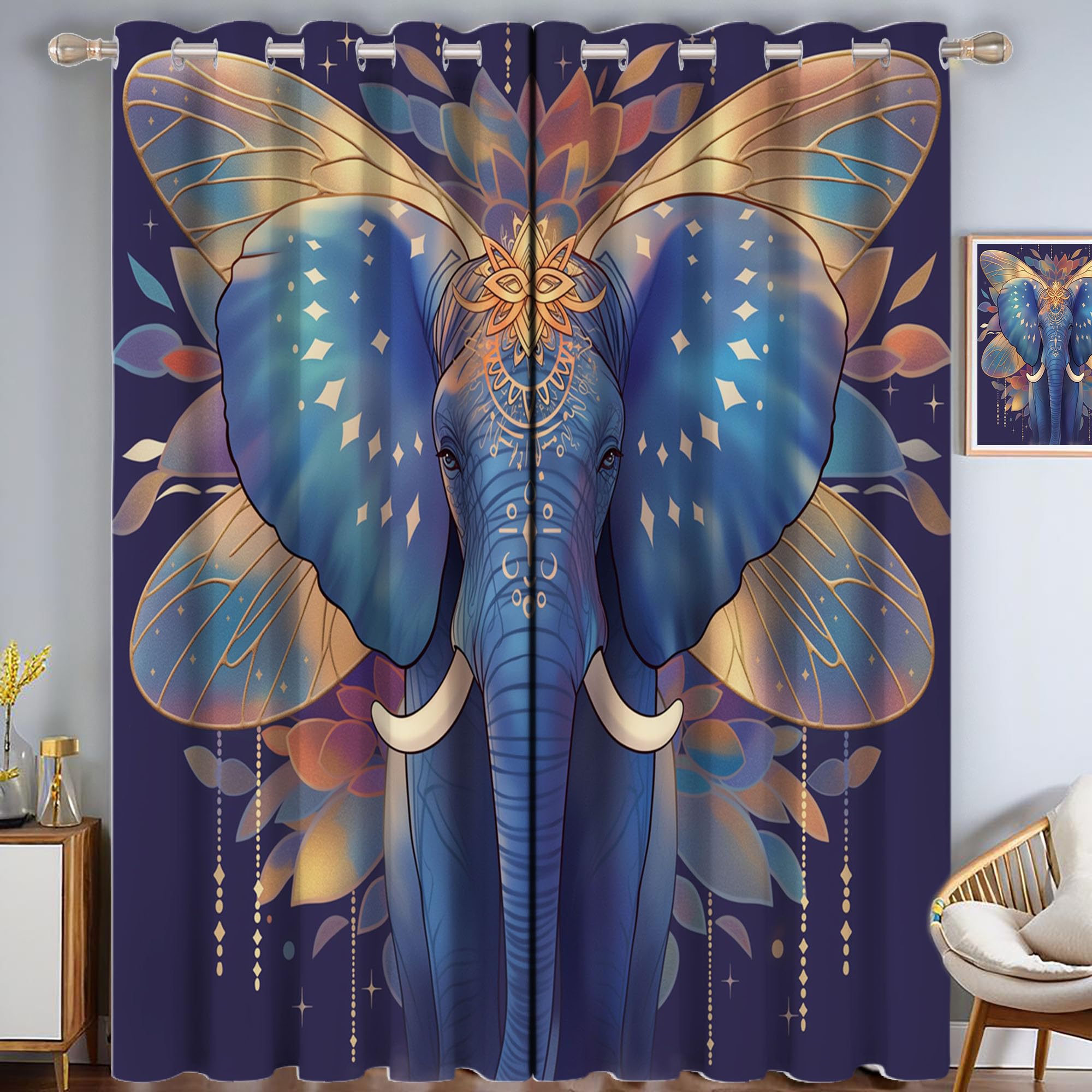 Rideaux motif ailes éléphant imprimés aquarelle finitions haut de gamme