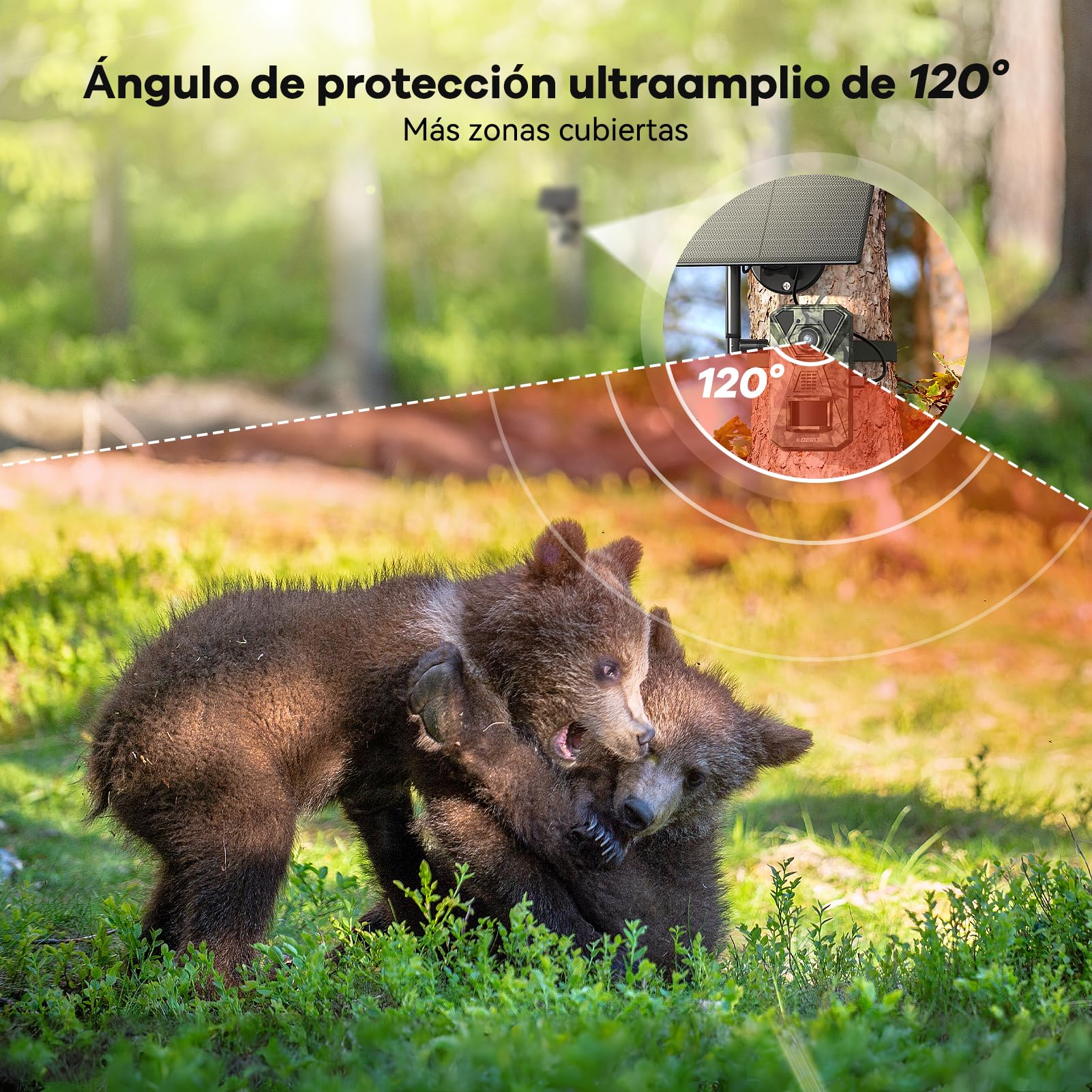 DEATTI Camara Fototrampeo Solar 4G LTE Camara Caza, Tarjeta SIM Camara de Caza Nocturna 940nm Invisibles IR Leds IP66 Impermeable, con Batería Incorporada de 7800mAh（Sin Tarjeta SD）