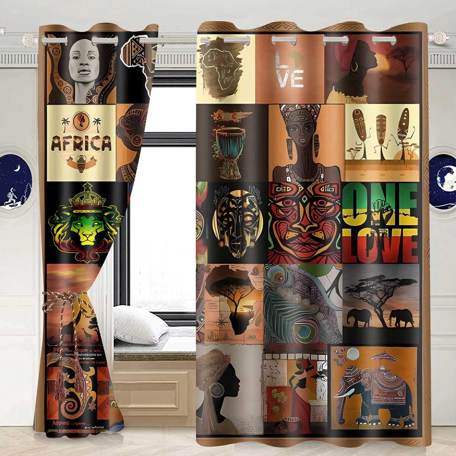 African Patchwork Style Curtains African Black Women Blackout Window Drapes Native African Ethnic Totem Patterns Masks Elephants Giraffes Curtain for Bedroom Living Room 52x84inch CLDWMS000224