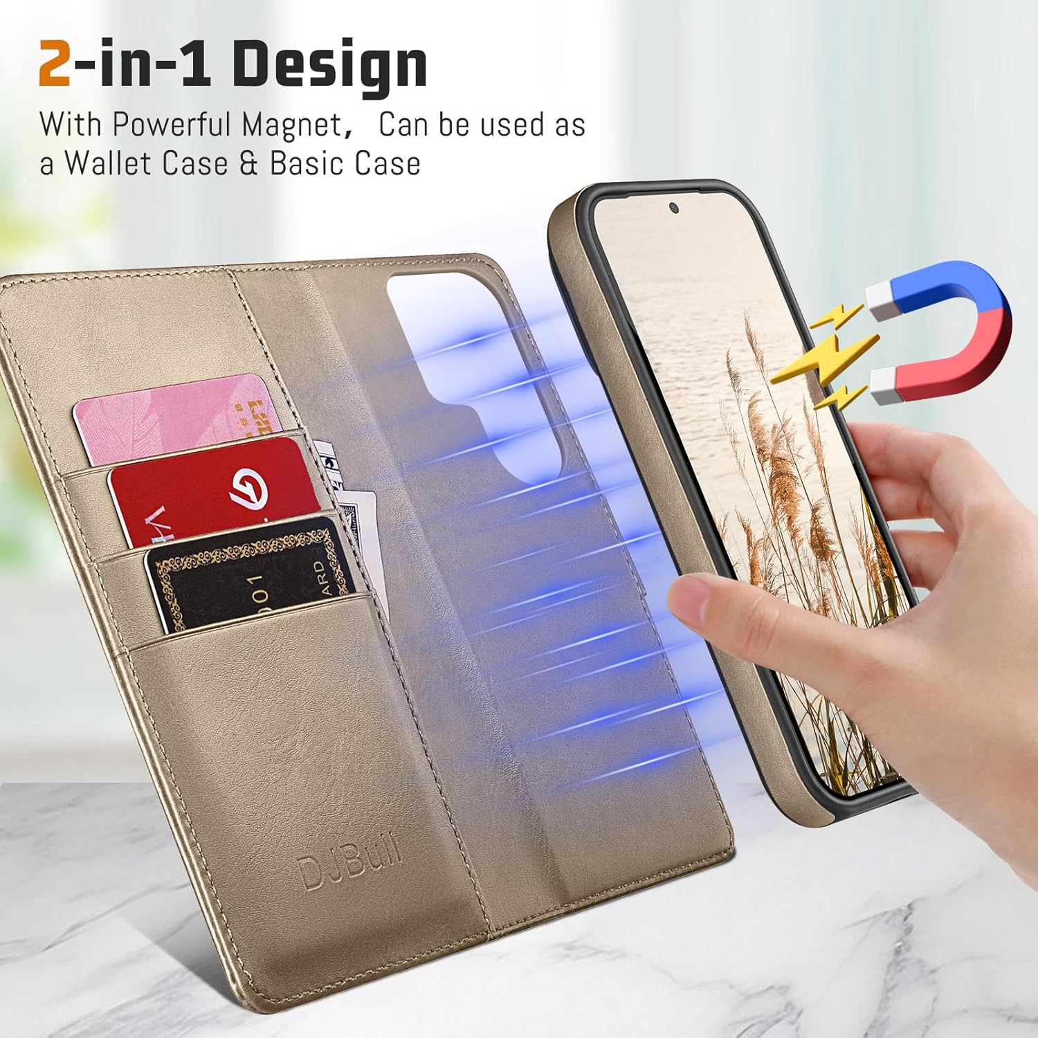DJBull 2-in-1 Detachable Wallet Case for Samsung Galaxy S26 Ultra RFID Blocking Flip Folio with Card Holder | PU Leather Shockproof Protective Cover Women Men for Samsung S26 Ultra Phone Case Golden