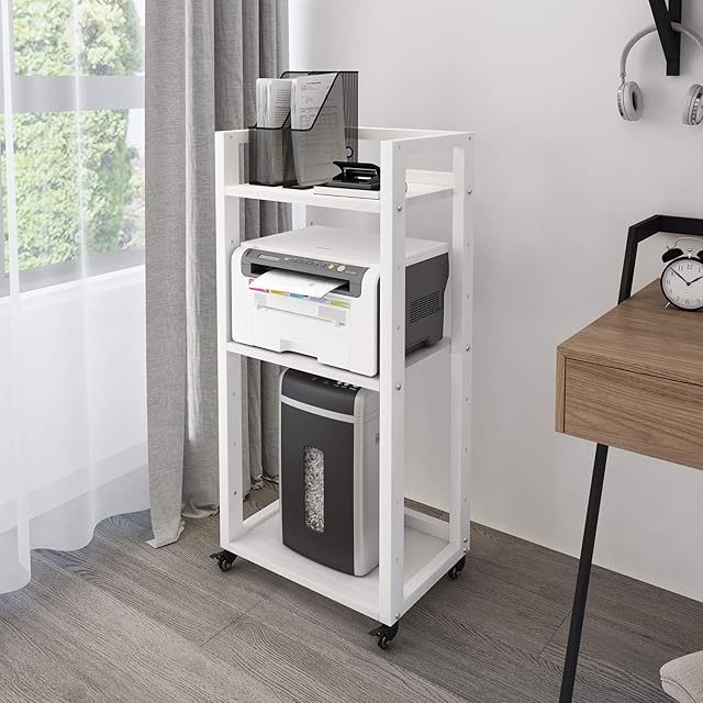 PUNCIA 3-Tier Movable Printer Stand with Storage Rolling Floor-Standing Deskside Shredder Computer Host Stand Adjustable Storage Shelf Rack on Wheels for Office Supplies Fax Scanner File Book