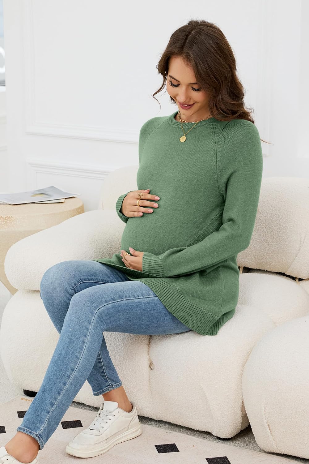 OUGES Women's Wool Blend Maternity Sweater Crossover Ribbed Hem Casual Pullover Tops