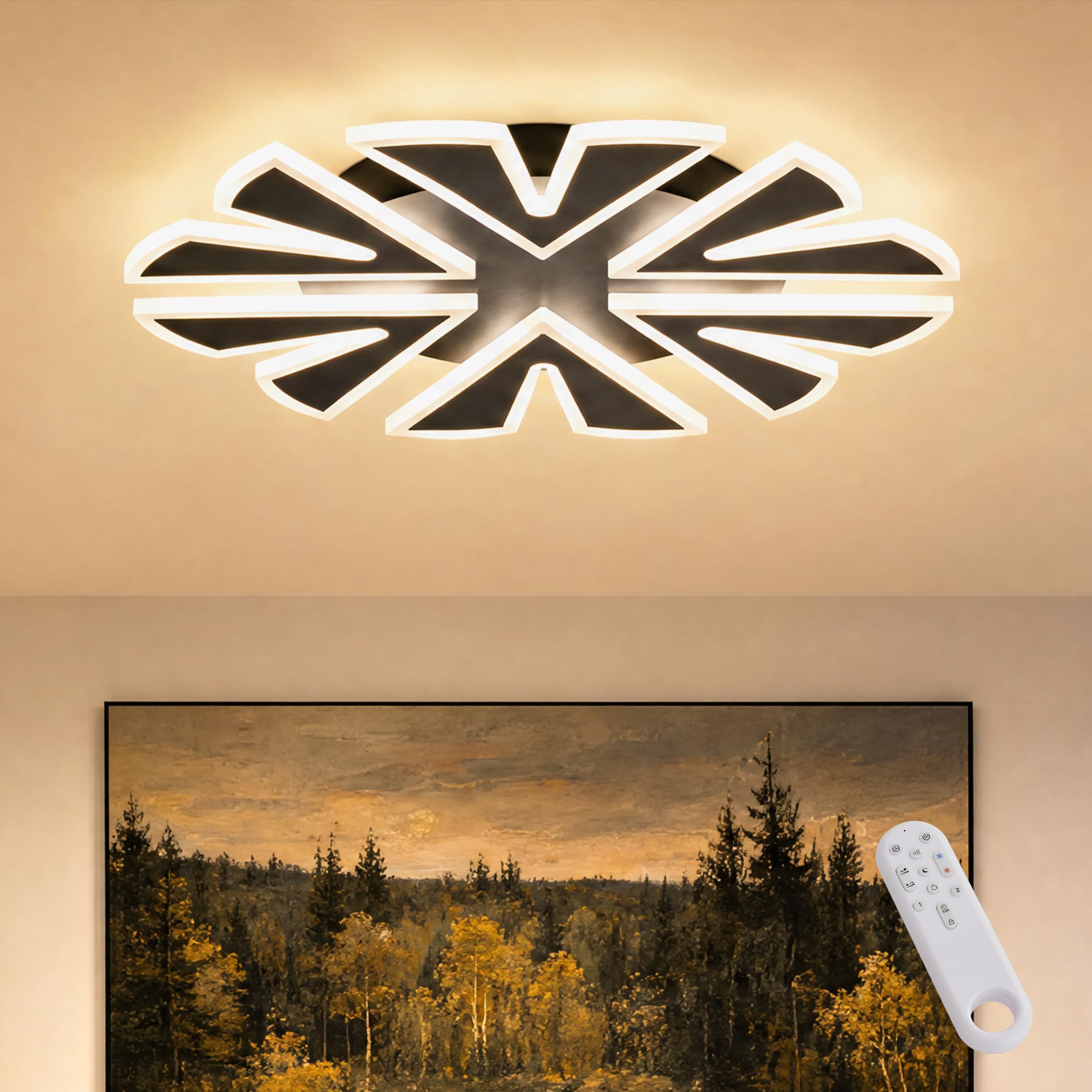 LED Deckenlampe Dimmbar schwarz Schneeflocken 50cm 5600lm 56 W | Fernbedienung/Mobile APP, Farbtemperatur 3000-6000K, Helligkeit 5-56W, 5W Nachtlicht, Memory-Funktion, Timer-Funktion