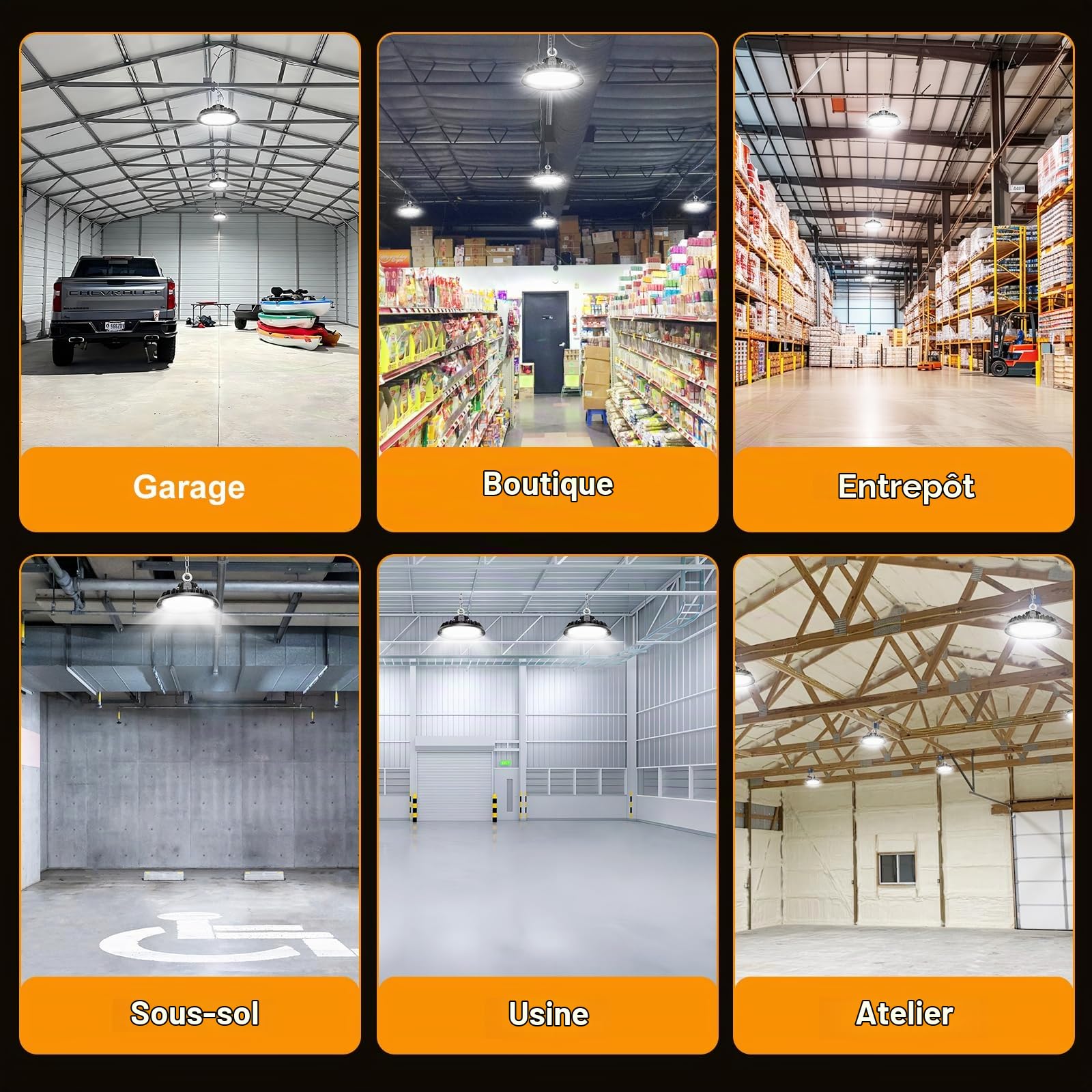 4 Pack UFO 150W LED High Bay Projecteur Garage Light 22500LM Éclairage pour Atelier 4000K 120°Éclairage IP65 Lampe Industrielle Dimmable 90W/120W/150W Usines Entrepôts de Construction Stades