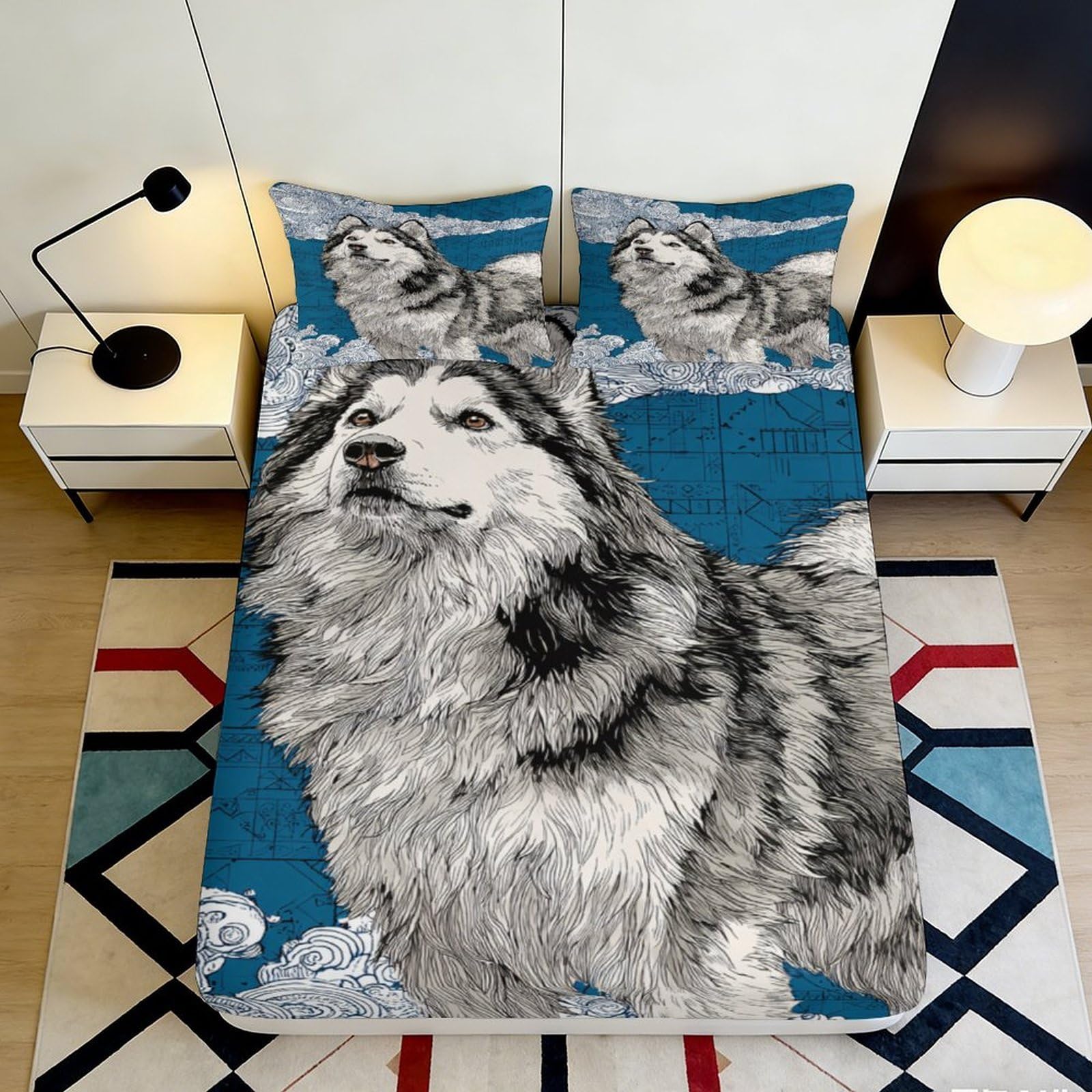 3D Printed Husky Dog Fitted Sheet Microfiber Soft Breathable Blue Forest Mattress Cover for Bedroom Dorm Mattress Protection Decor 120x200x25cm