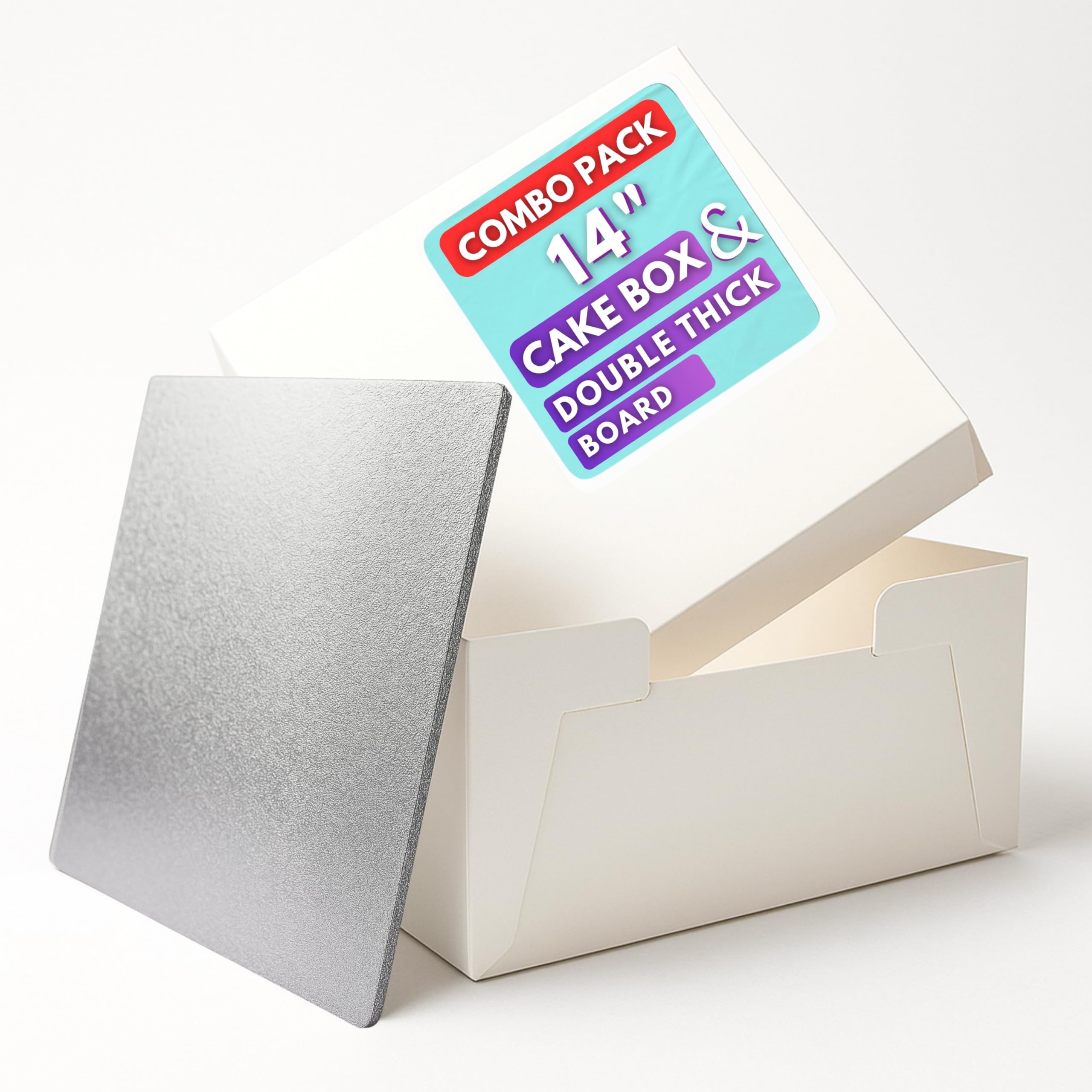 Pack N Trade 14 Inch White Cake Box & 14″ Silver Foil Square Cake Board Combo – 3mm Double Thick MDF Board, Reusable & Sturdy Cake Base, Ideal for Safely Carrying and Transporting Cakes