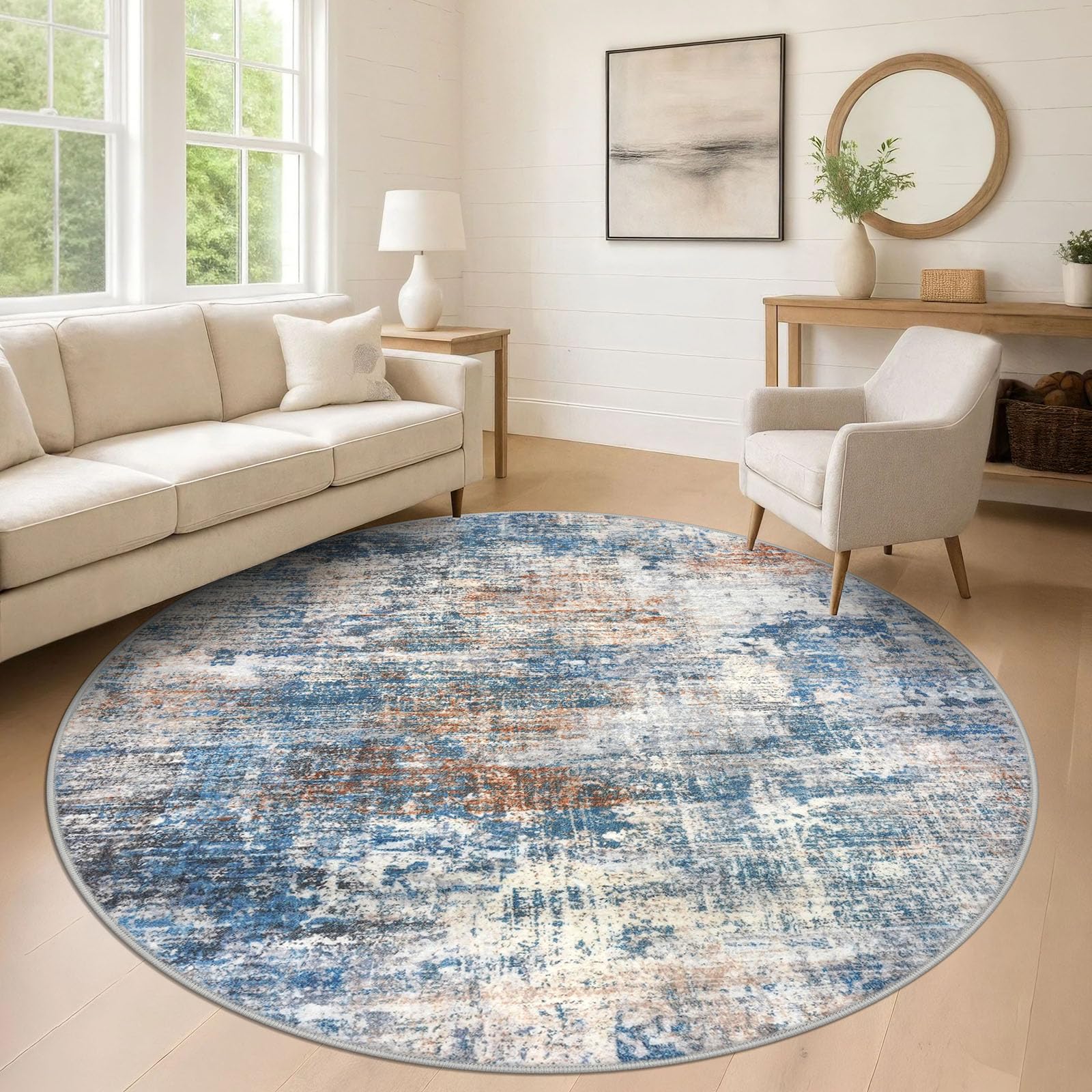 IOHOUZE Abstract Round Area Rug 8 Ft Washable Circle Rugs Large Round Rug Non Slip Thin Soft Circle Rugs, Printed Faux Wool Floor Carpet for Bedroom